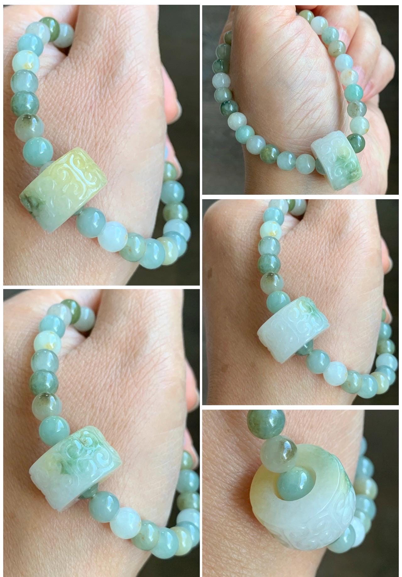 Natural Grade A Icy Translucent Multicolored Jade Jadeite Beaded Bracelet w/ Engraved Band Ring Charm 6.75” 20g 天然冰多宝翡翠珠手串仿古雕黄加绿跑环 MDBP219