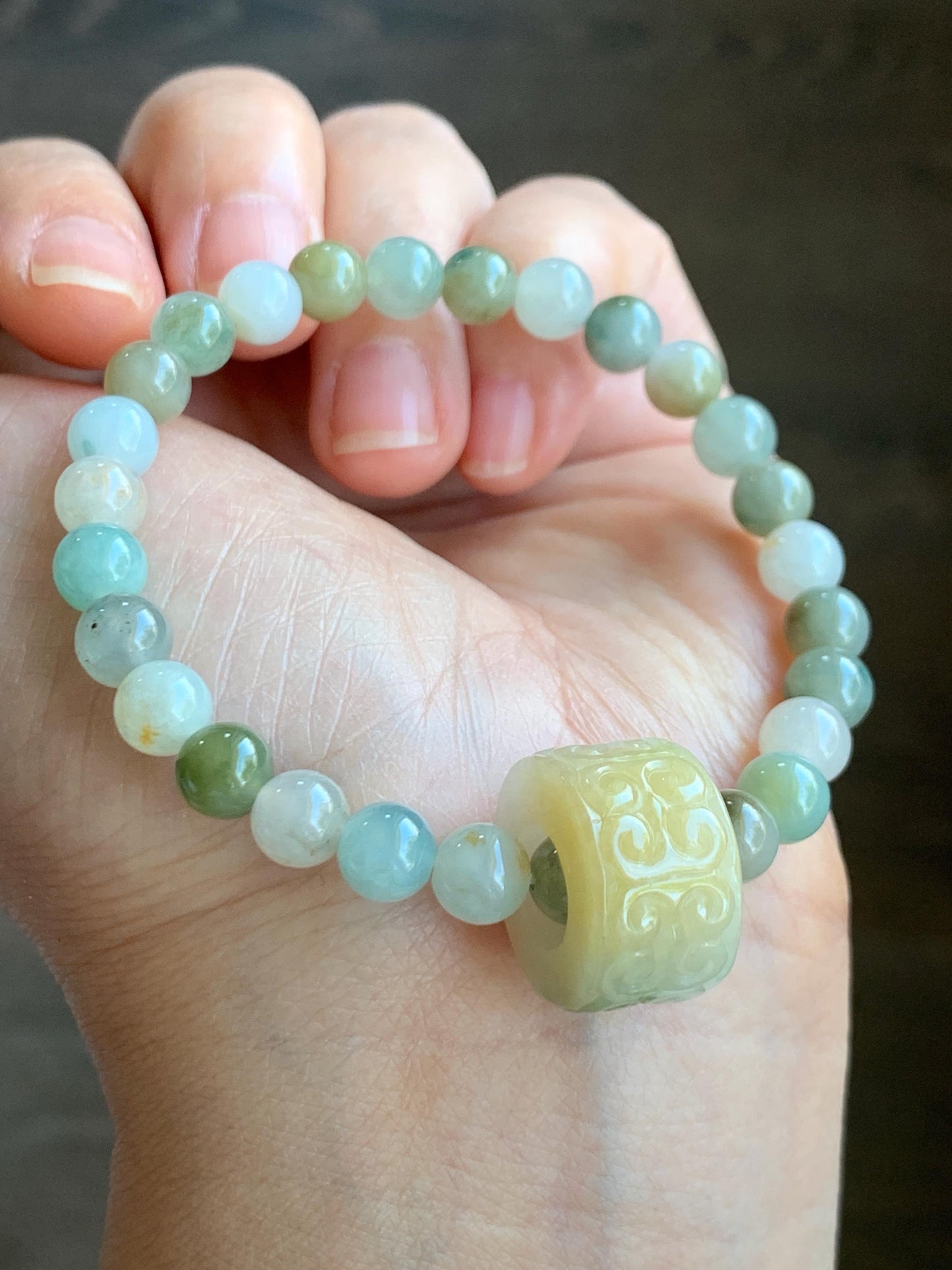 Natural Grade A Icy Translucent Multicolored Jade Jadeite Beaded Bracelet w/ Engraved Band Ring Charm 6.75” 20g 天然冰多宝翡翠珠手串仿古雕黄加绿跑环 MDBP219