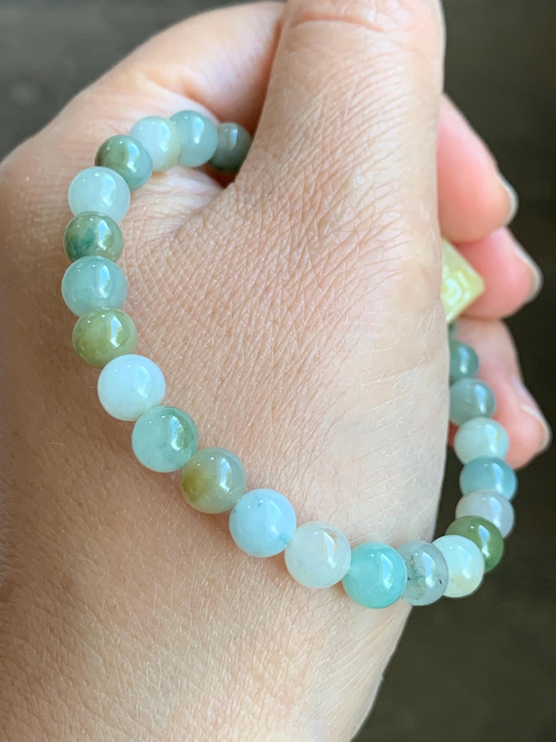 Natural Grade A Icy Translucent Multicolored Jade Jadeite Beaded Bracelet w/ Engraved Band Ring Charm 6.75” 20g 天然冰多宝翡翠珠手串仿古雕黄加绿跑环 MDBP219