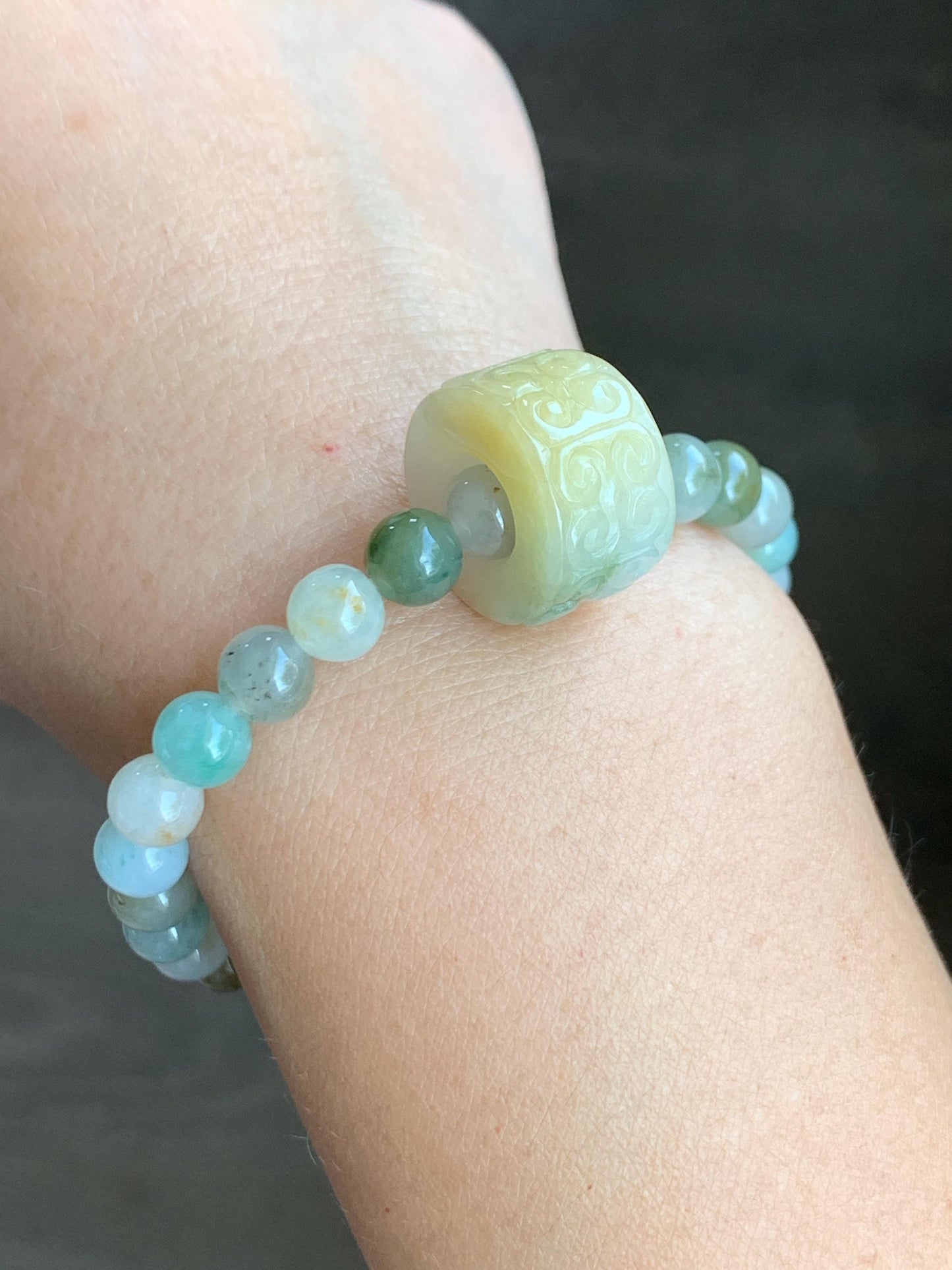 Natural Grade A Icy Translucent Multicolored Jade Jadeite Beaded Bracelet w/ Engraved Band Ring Charm 6.75” 20g 天然冰多宝翡翠珠手串仿古雕黄加绿跑环 MDBP219