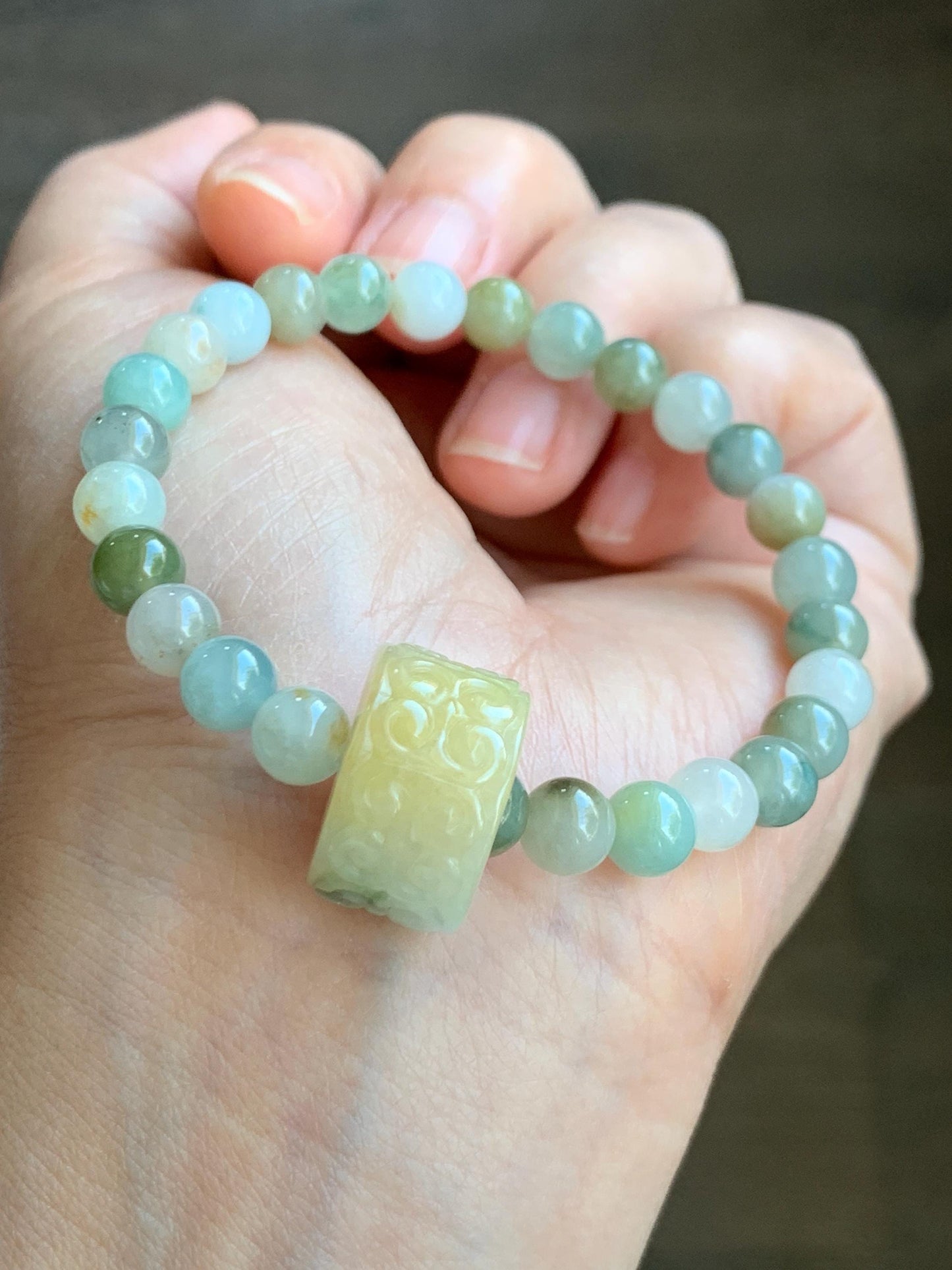 Natural Grade A Icy Translucent Multicolored Jade Jadeite Beaded Bracelet w/ Engraved Band Ring Charm 6.75” 20g 天然冰多宝翡翠珠手串仿古雕黄加绿跑环 MDBP219