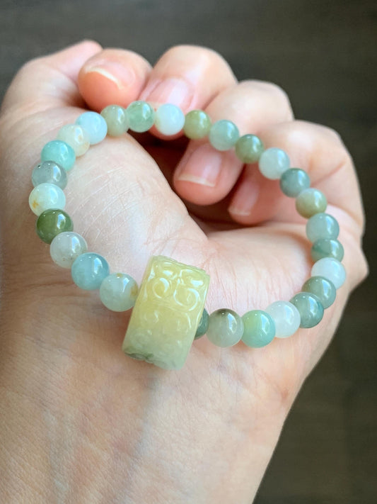 Natural Grade A Icy Translucent Multicolored Jade Jadeite Beaded Bracelet w/ Engraved Band Ring Charm 6.75” 20g 天然冰多宝翡翠珠手串仿古雕黄加绿跑环 MDBP219