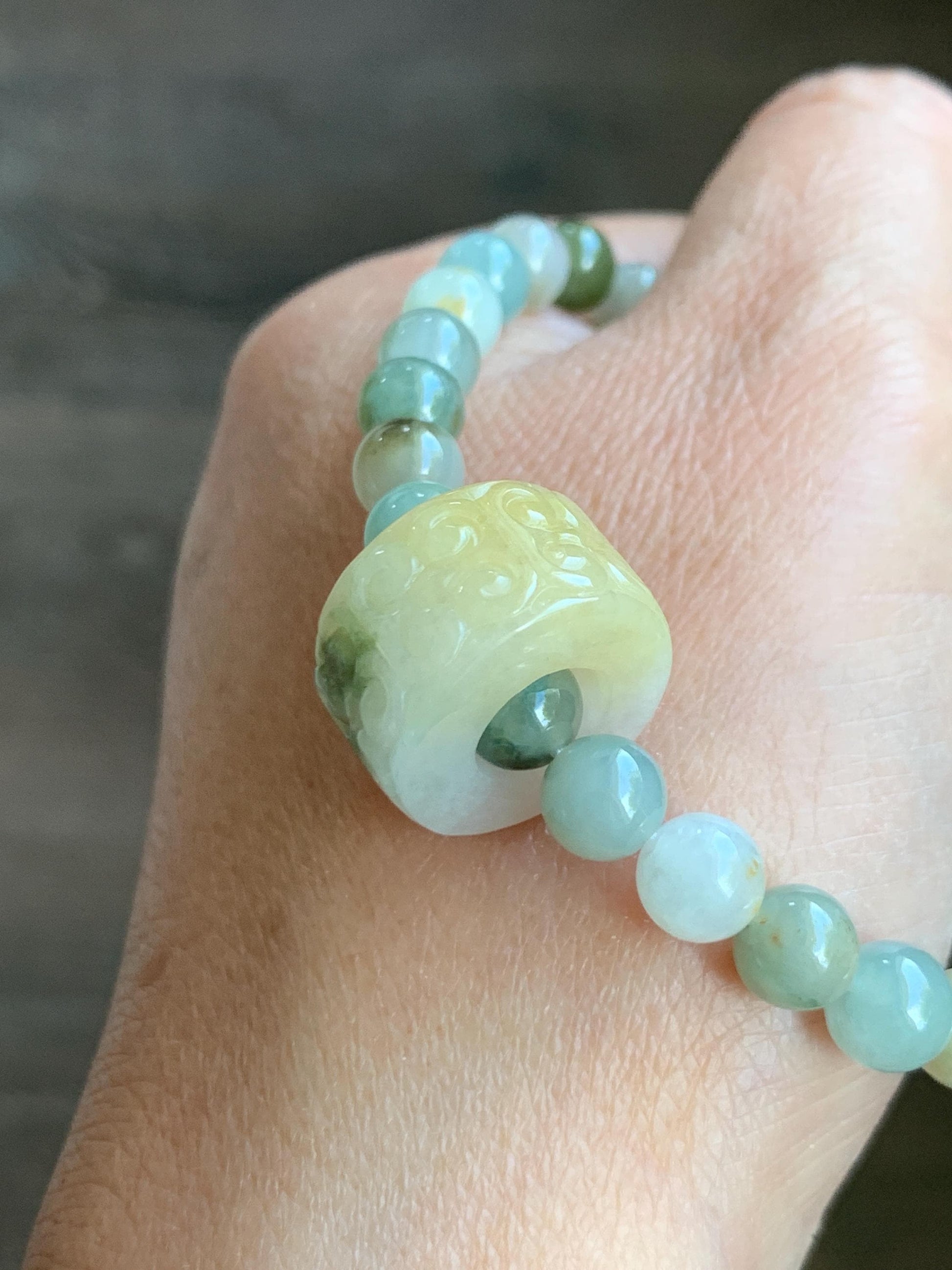 Natural Grade A Icy Translucent Multicolored Jade Jadeite Beaded Bracelet w/ Engraved Band Ring Charm 6.75” 20g 天然冰多宝翡翠珠手串仿古雕黄加绿跑环 MDBP219