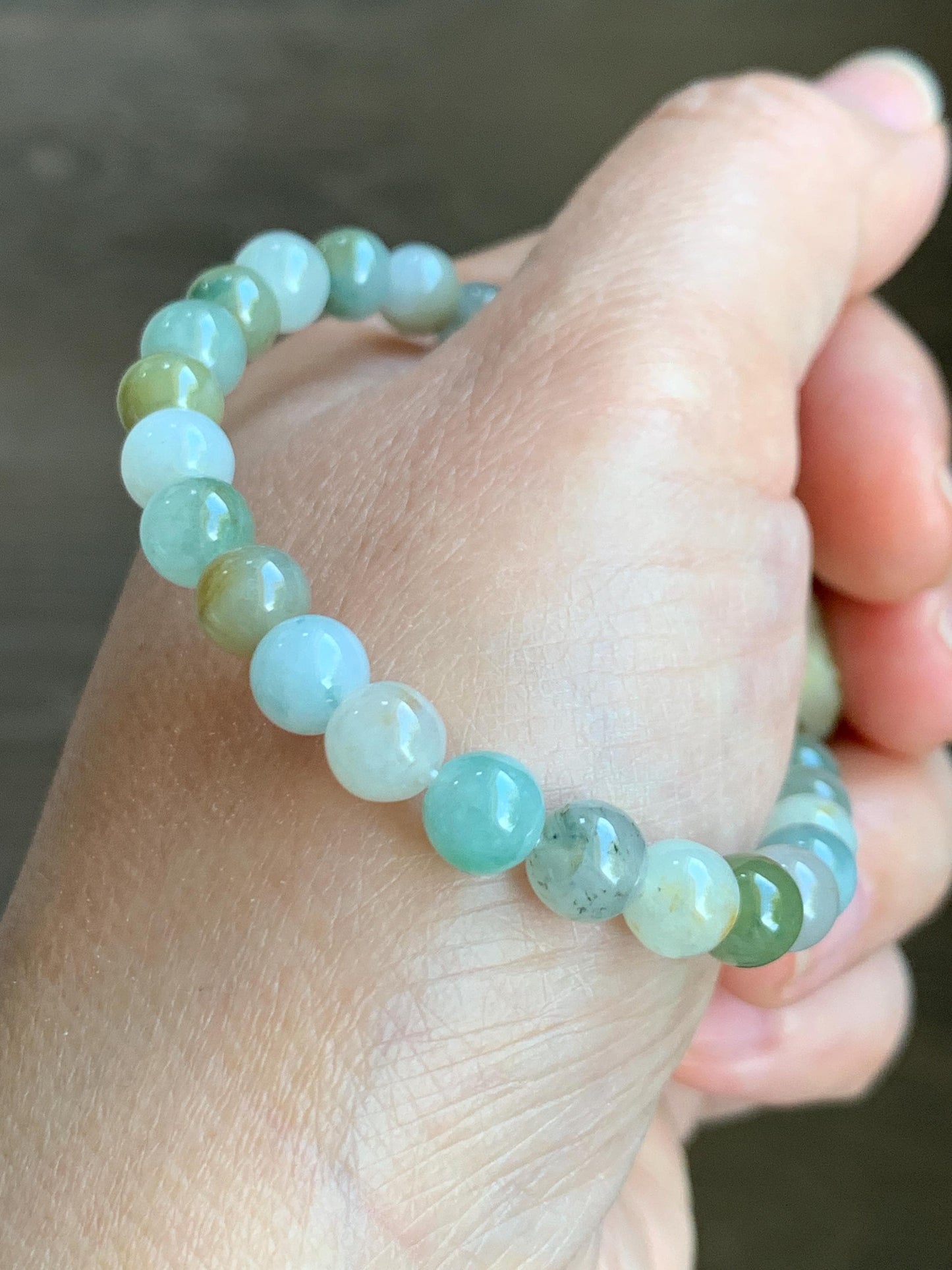 Natural Grade A Icy Translucent Multicolored Jade Jadeite Beaded Bracelet w/ Engraved Band Ring Charm 6.75” 20g 天然冰多宝翡翠珠手串仿古雕黄加绿跑环 MDBP219