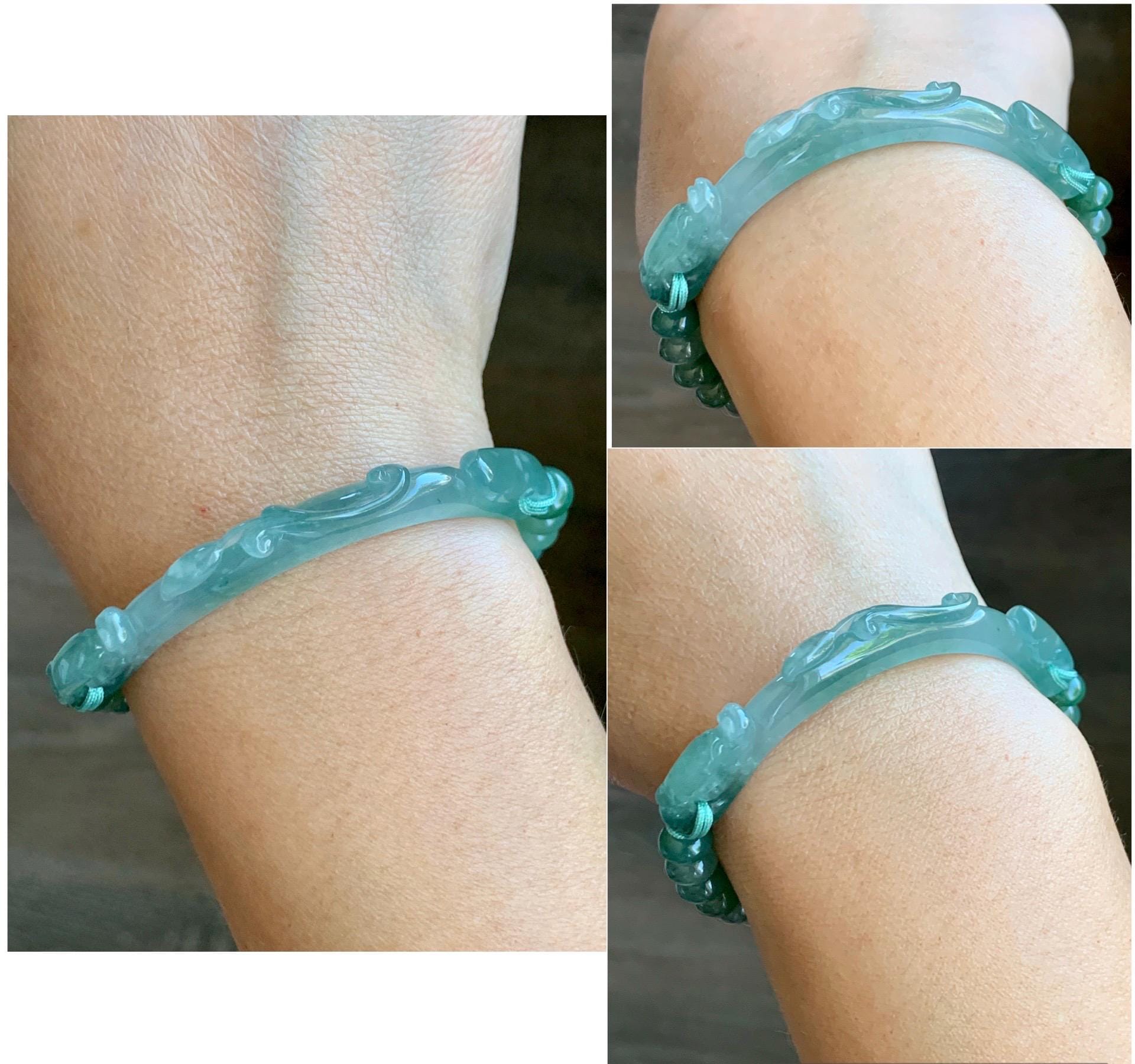 Certified Natural Grade A Guatemalan Icy Highly Translucent Light Teal Jade Jadeite Dragon Hook Cuff Beaded Bracelet 7" 17g 天然高冰危龙钩手牌手串 9465