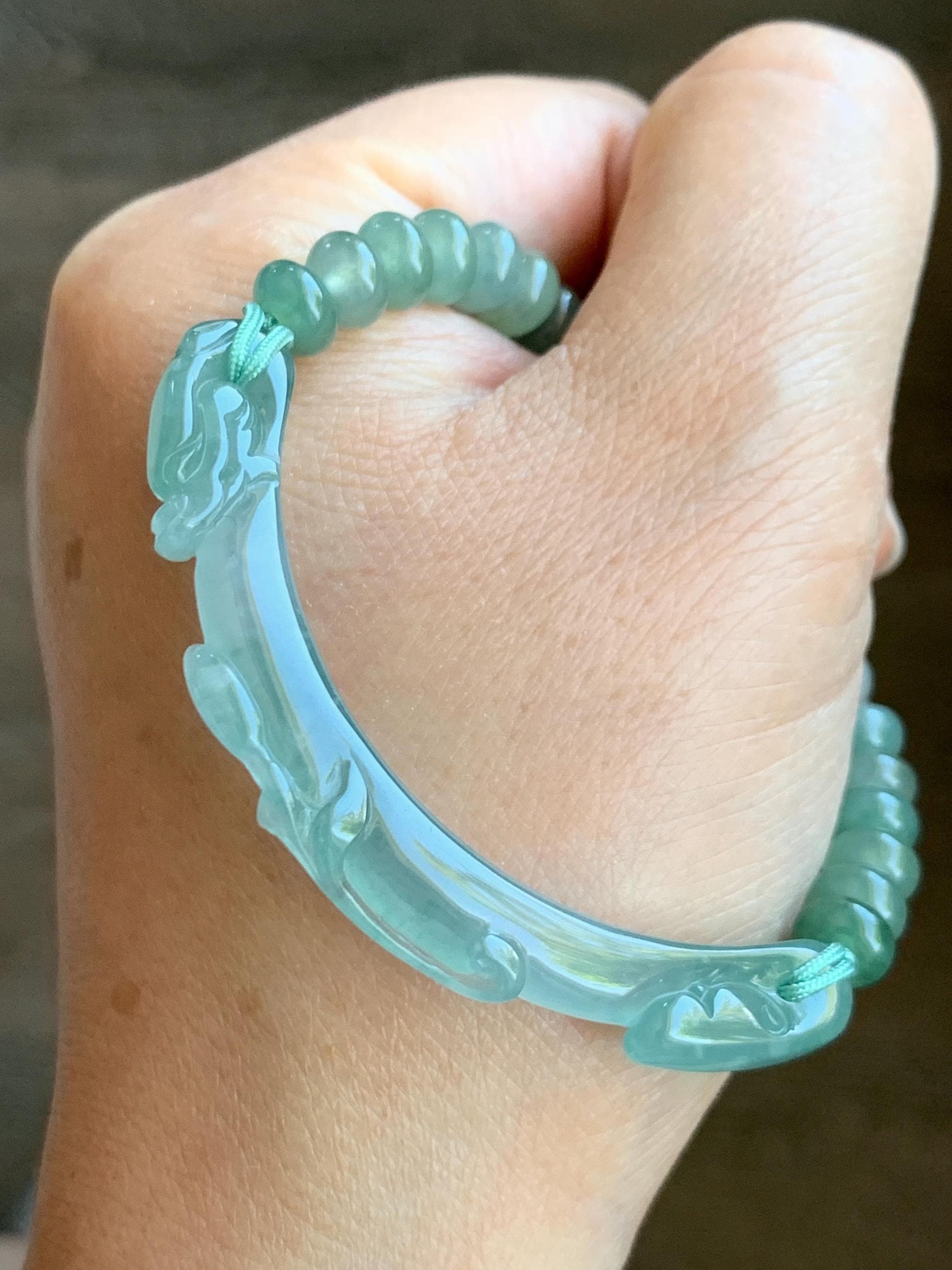 Certified Natural Grade A Guatemalan Icy Highly Translucent Light Teal Jade Jadeite Dragon Hook Cuff Beaded Bracelet 7" 17g 天然高冰危龙钩手牌手串 9465