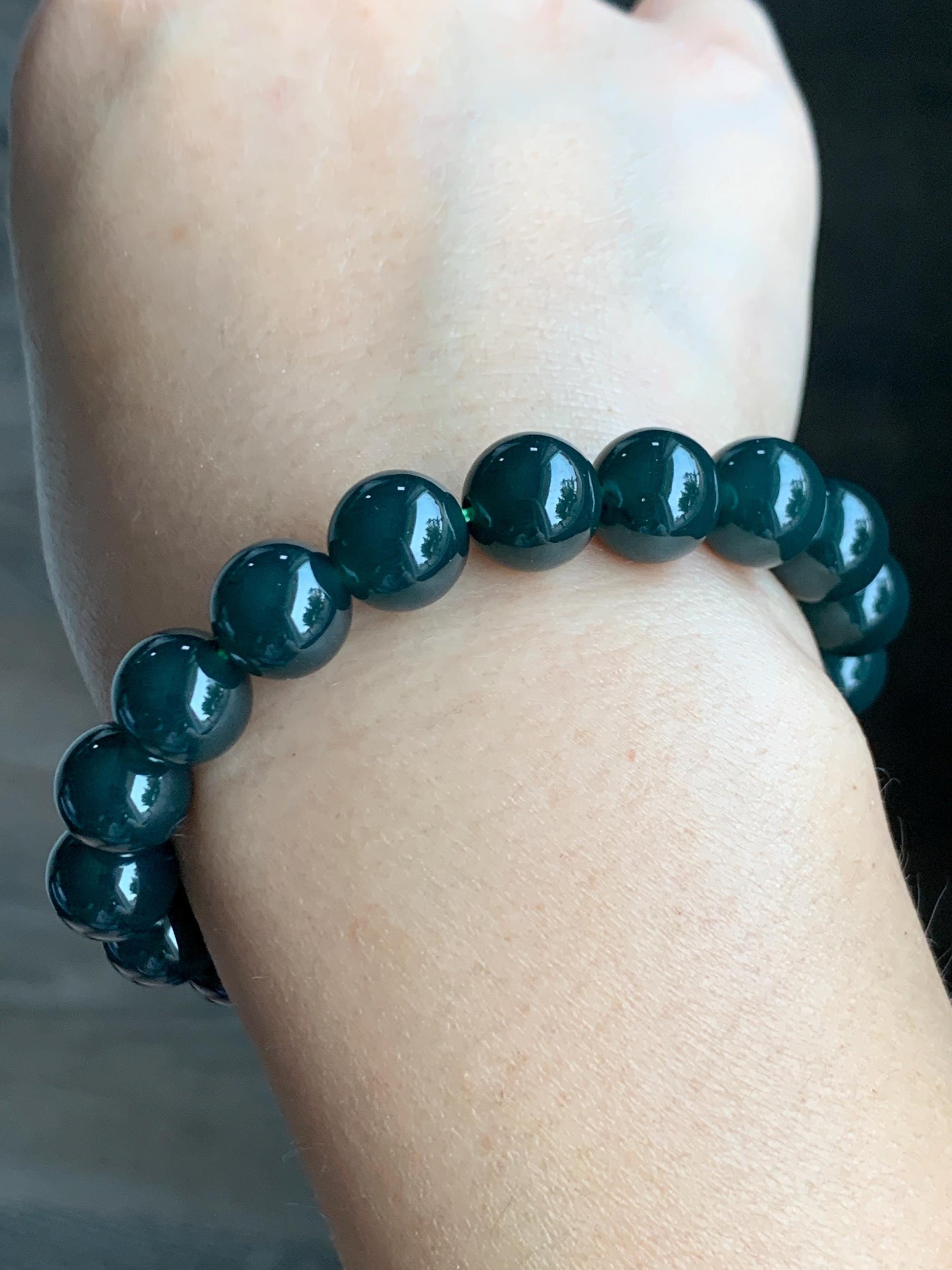 Natural Grade A Guatemalan Icy Translucent Dark Teal Blue Jade Jadeite Beaded Bracelet Stretchy 10mm 7” 32g 天然冰危深蓝绿翡翠圆珠手串 SWL250
