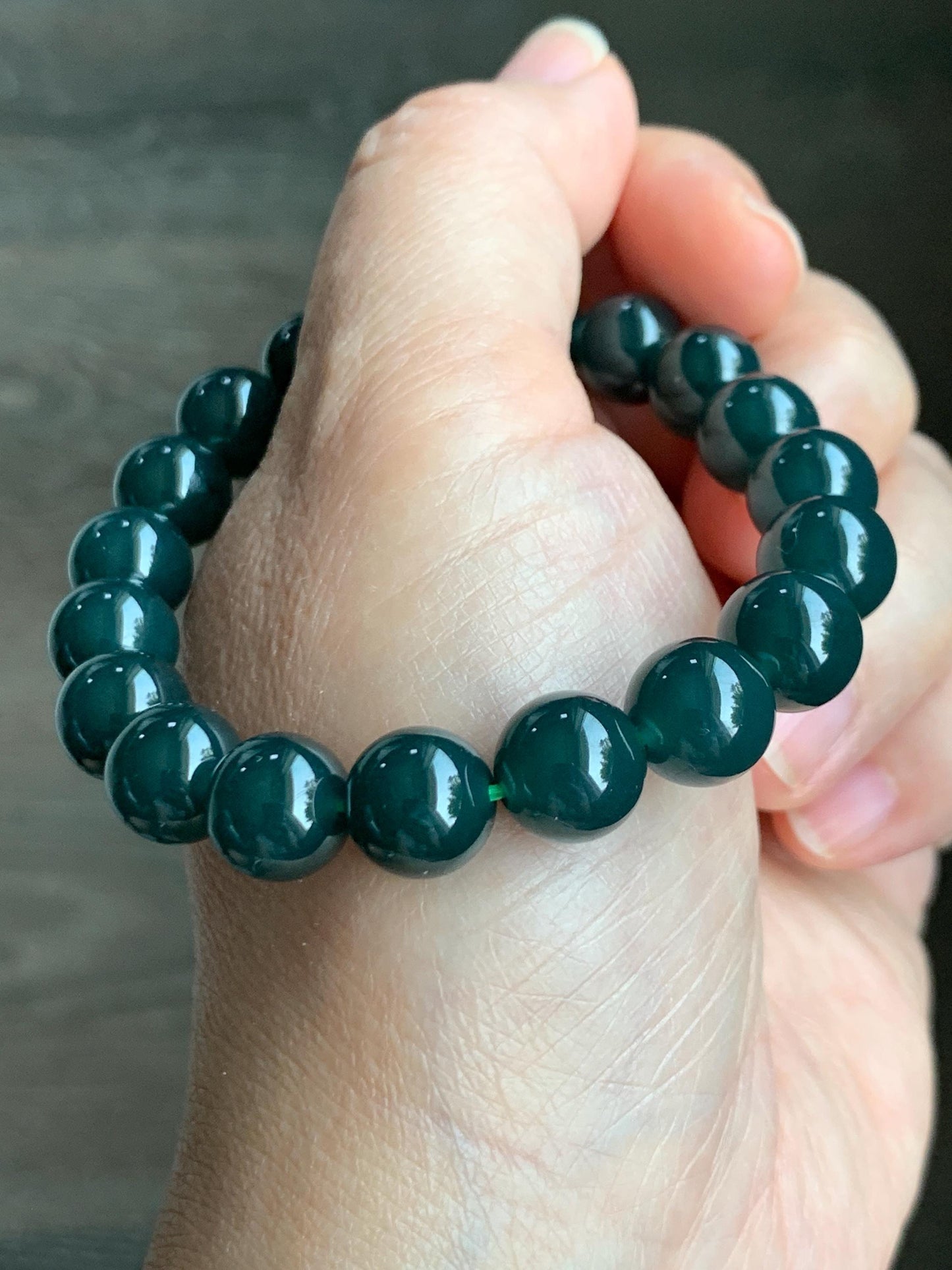 Natural Grade A Guatemalan Icy Translucent Dark Teal Blue Jade Jadeite Beaded Bracelet Stretchy 10mm 7” 32g 天然冰危深蓝绿翡翠圆珠手串 SWL250