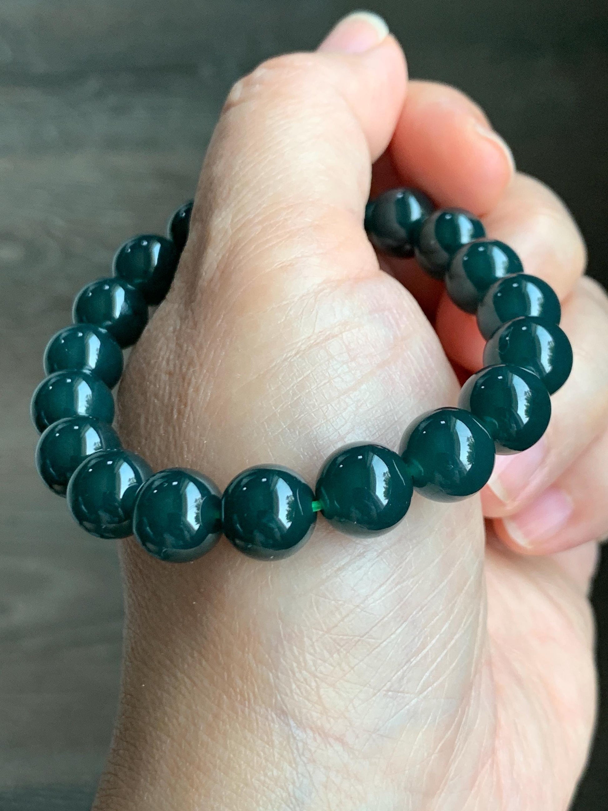 Natural Grade A Guatemalan Icy Translucent Dark Teal Blue Jade Jadeite Beaded Bracelet Stretchy 10mm 7” 32g 天然冰危深蓝绿翡翠圆珠手串 SWL250