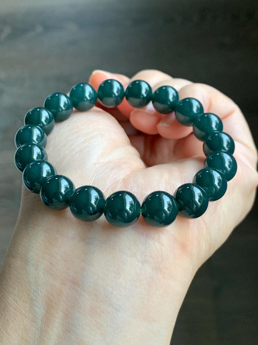 Natural Grade A Guatemalan Icy Translucent Dark Teal Blue Jade Jadeite Beaded Bracelet Stretchy 10mm 7” 32g 天然冰危深蓝绿翡翠圆珠手串 SWL250