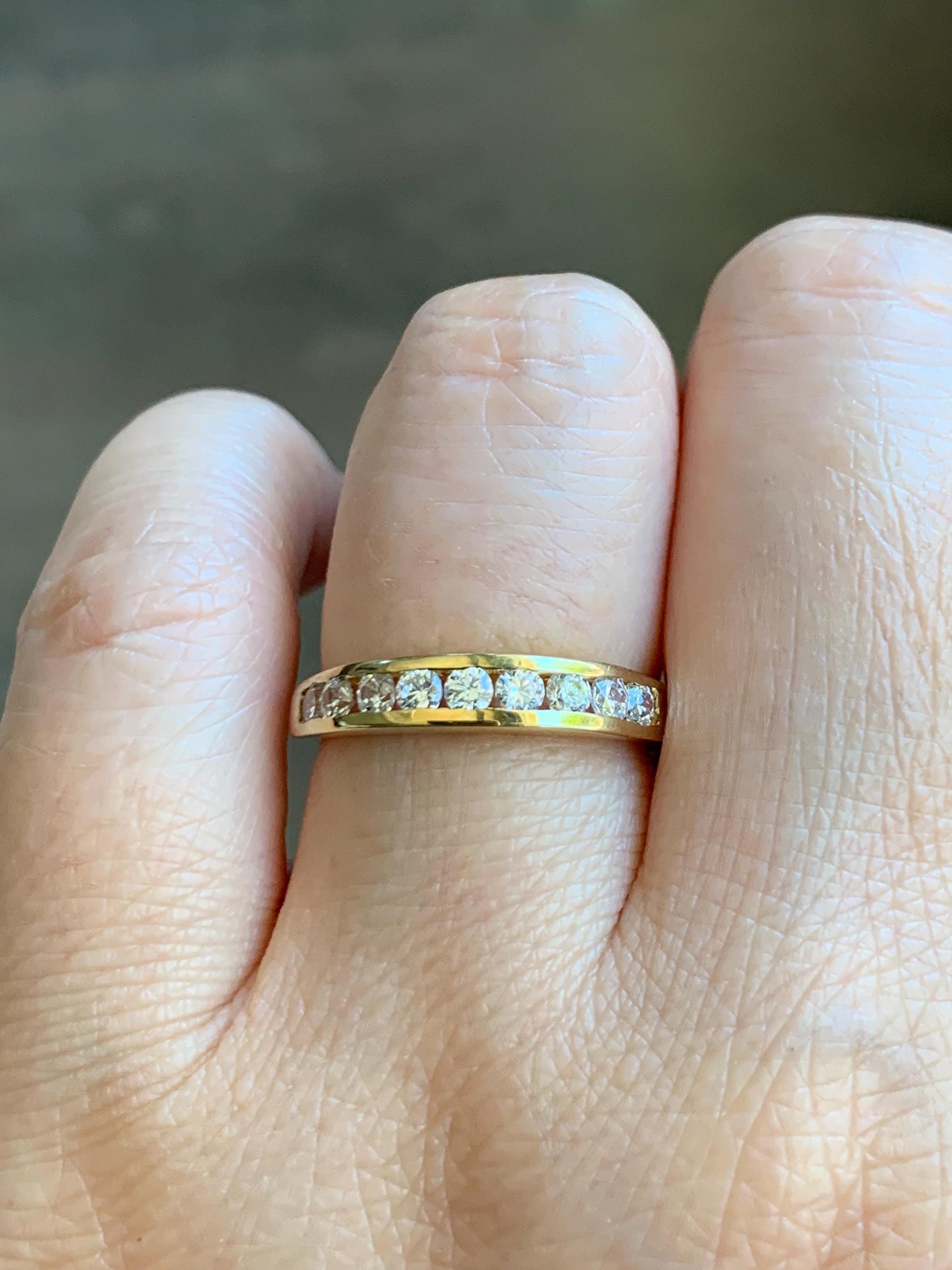 Genuine Swarovski Zirconia Round Cut 9-Stone Channel Set Band Style Ring Sterling Silver Yellow Gold Overlay Size 7 US 3g