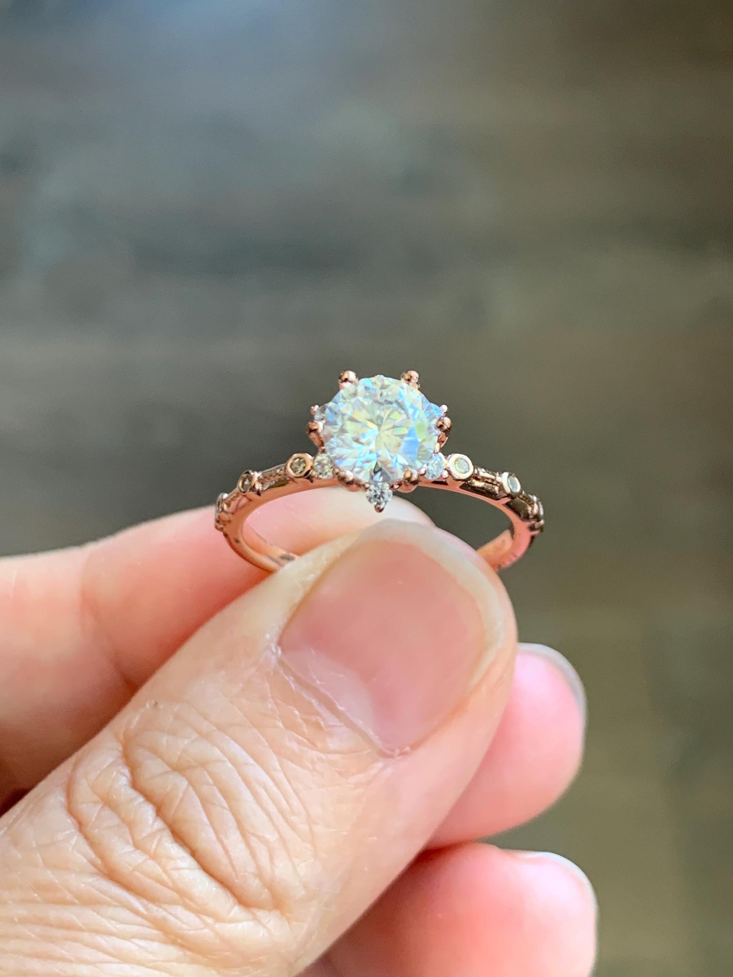 Genuine Moissanite Round Brilliant Cut Solitaire Ring with Accents Solid Sterling Silver Rose Gold Size 7 US 2g 1.00 ctw 7mm Engagement Ring