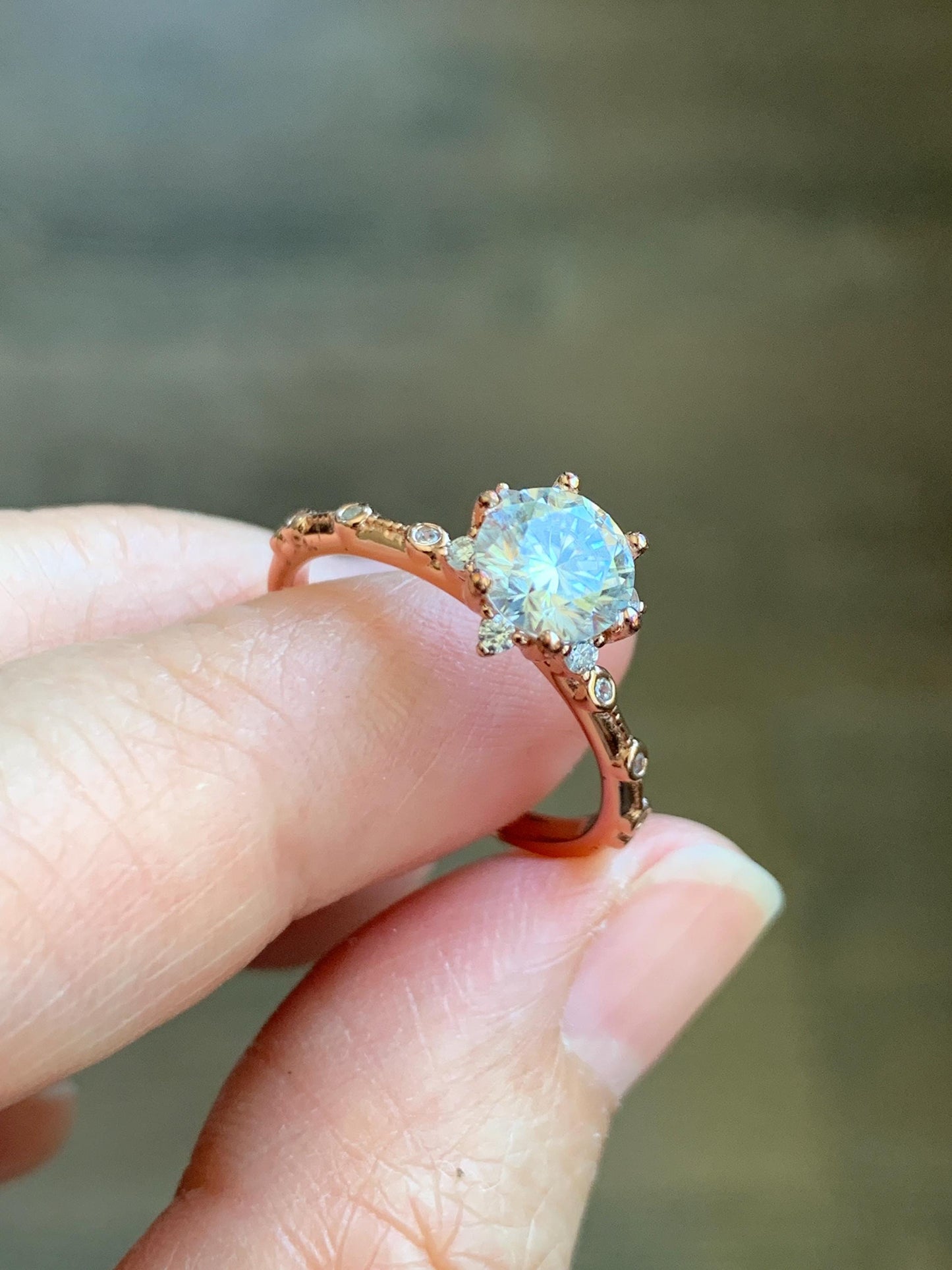 Genuine Moissanite Round Brilliant Cut Solitaire Ring with Accents Solid Sterling Silver Rose Gold Size 7 US 2g 1.00 ctw 7mm Engagement Ring