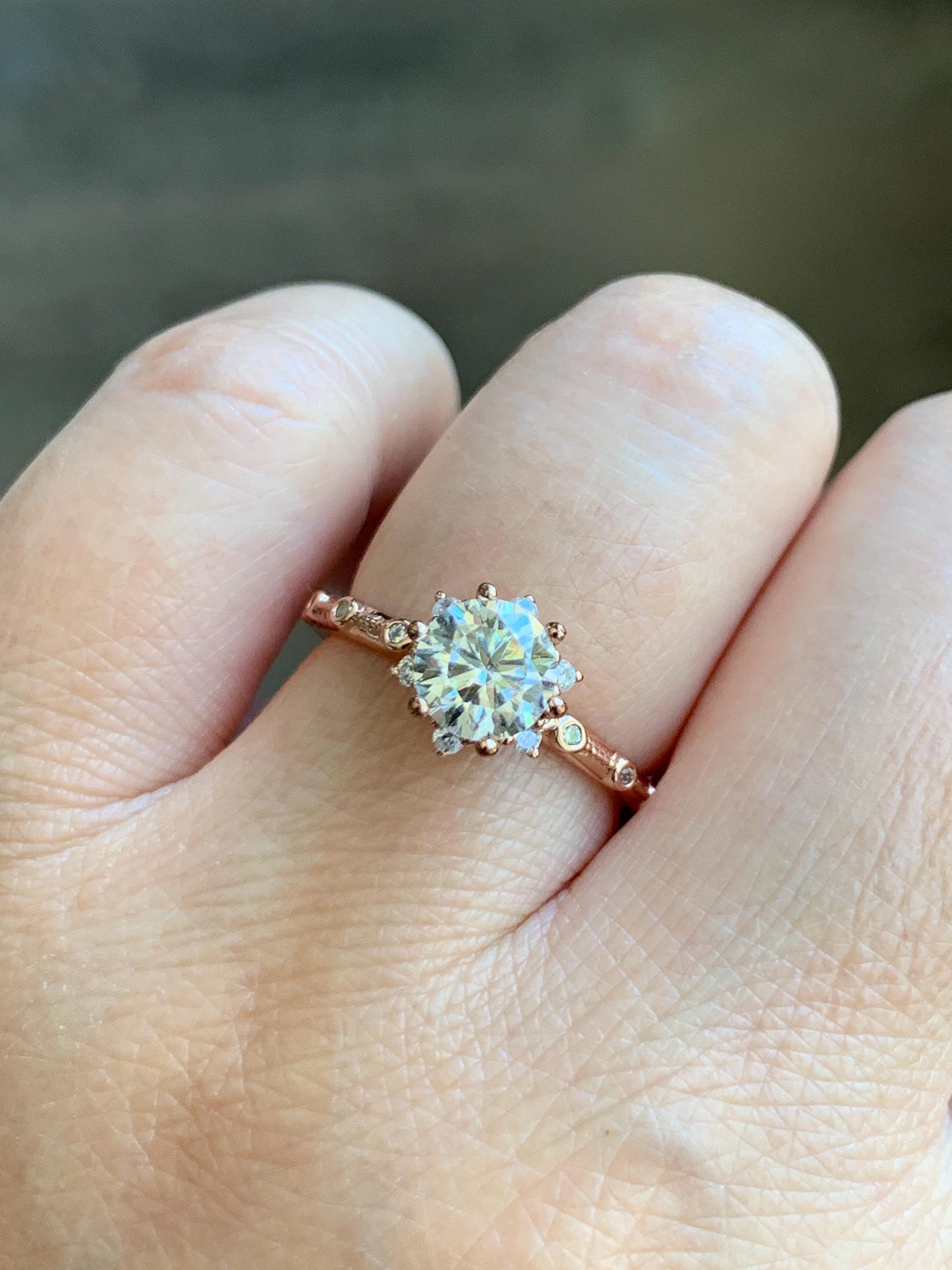 Genuine Moissanite Round Brilliant Cut Solitaire Ring with Accents Solid Sterling Silver Rose Gold Size 7 US 2g 1.00 ctw 7mm Engagement Ring