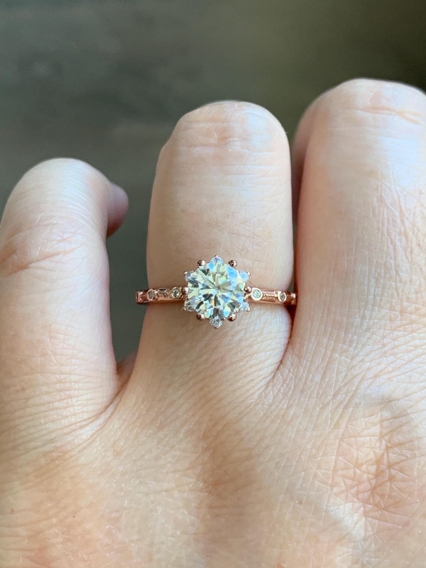 Genuine Moissanite Round Brilliant Cut Solitaire Ring with Accents Solid Sterling Silver Rose Gold Size 7 US 2g 1.00 ctw 7mm Engagement Ring