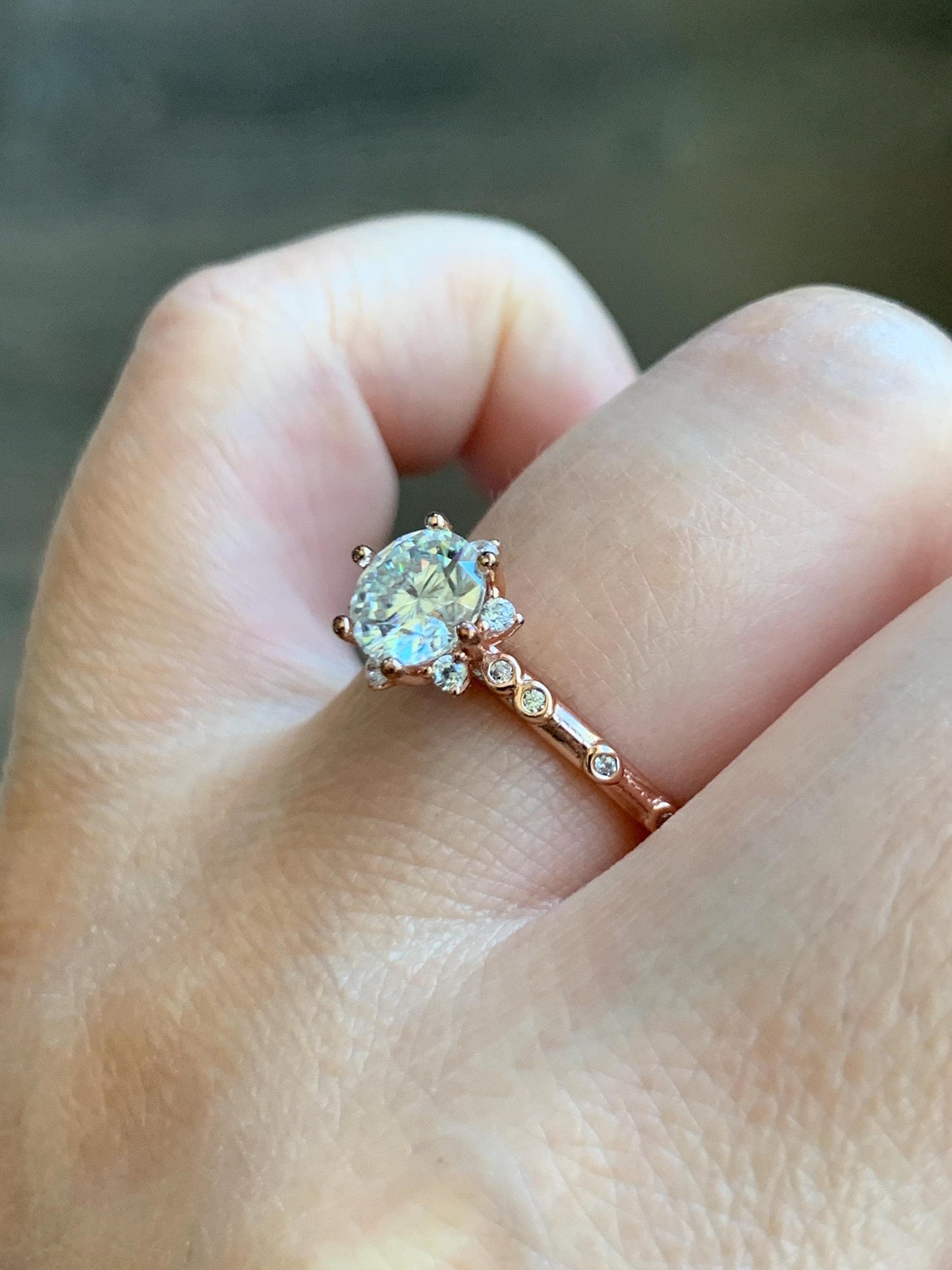 Genuine Moissanite Round Brilliant Cut Solitaire Ring with Accents Solid Sterling Silver Rose Gold Size 7 US 2g 1.00 ctw 7mm Engagement Ring
