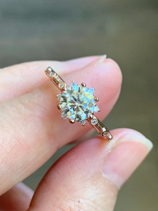 Genuine Moissanite Round Brilliant Cut Solitaire Ring with Accents Solid Sterling Silver Rose Gold Size 7 US 2g 1.00 ctw 7mm Engagement Ring