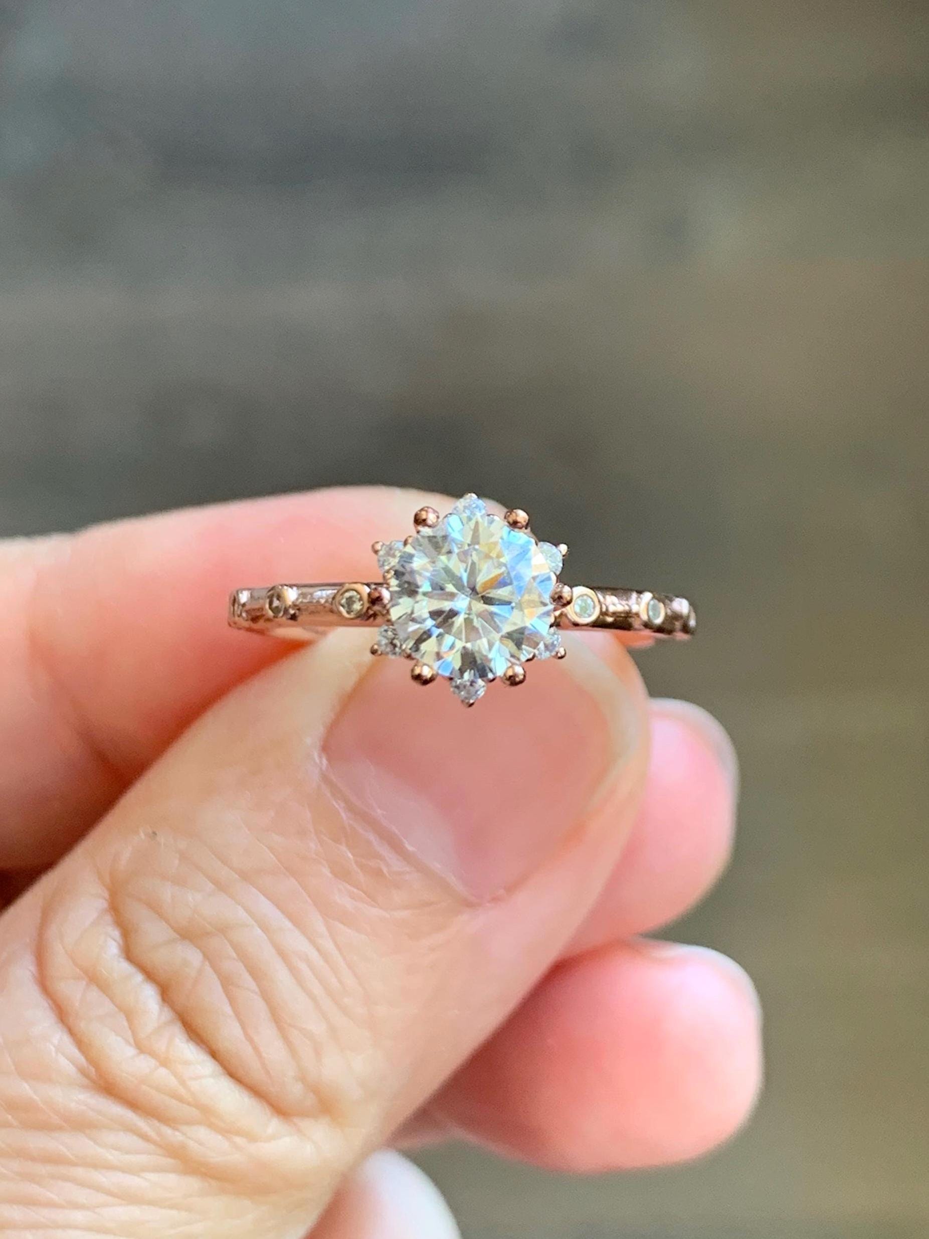Genuine Moissanite Round Brilliant Cut Solitaire Ring with Accents Solid Sterling Silver Rose Gold Size 7 US 2g 1.00 ctw 7mm Engagement Ring