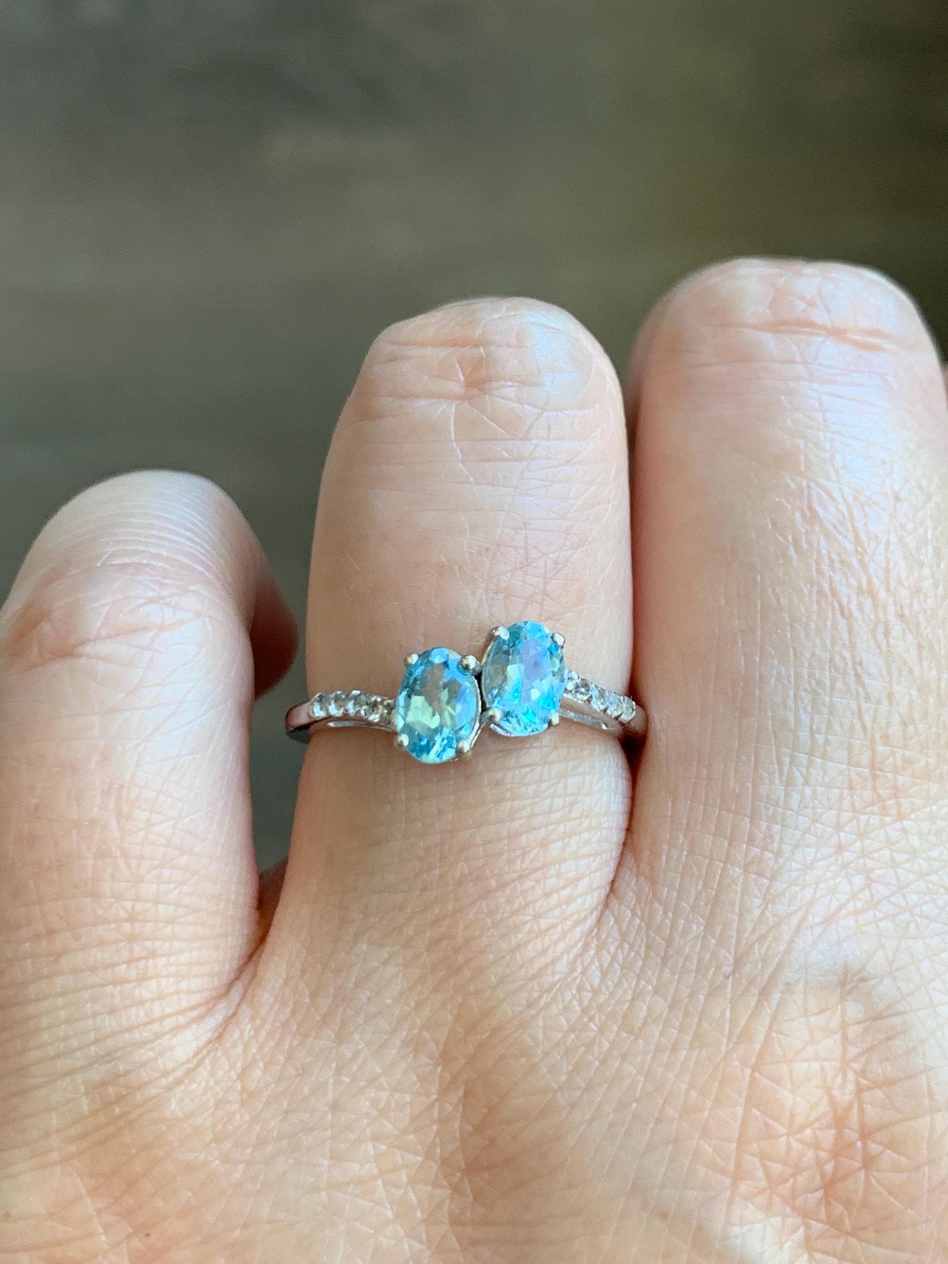 Natural Genuine Blue Apatite White Topaz Bypass Style Ring 925 Sterling Silver Size 7 US 2g 6x4mm Blue Apatite Ring 7783