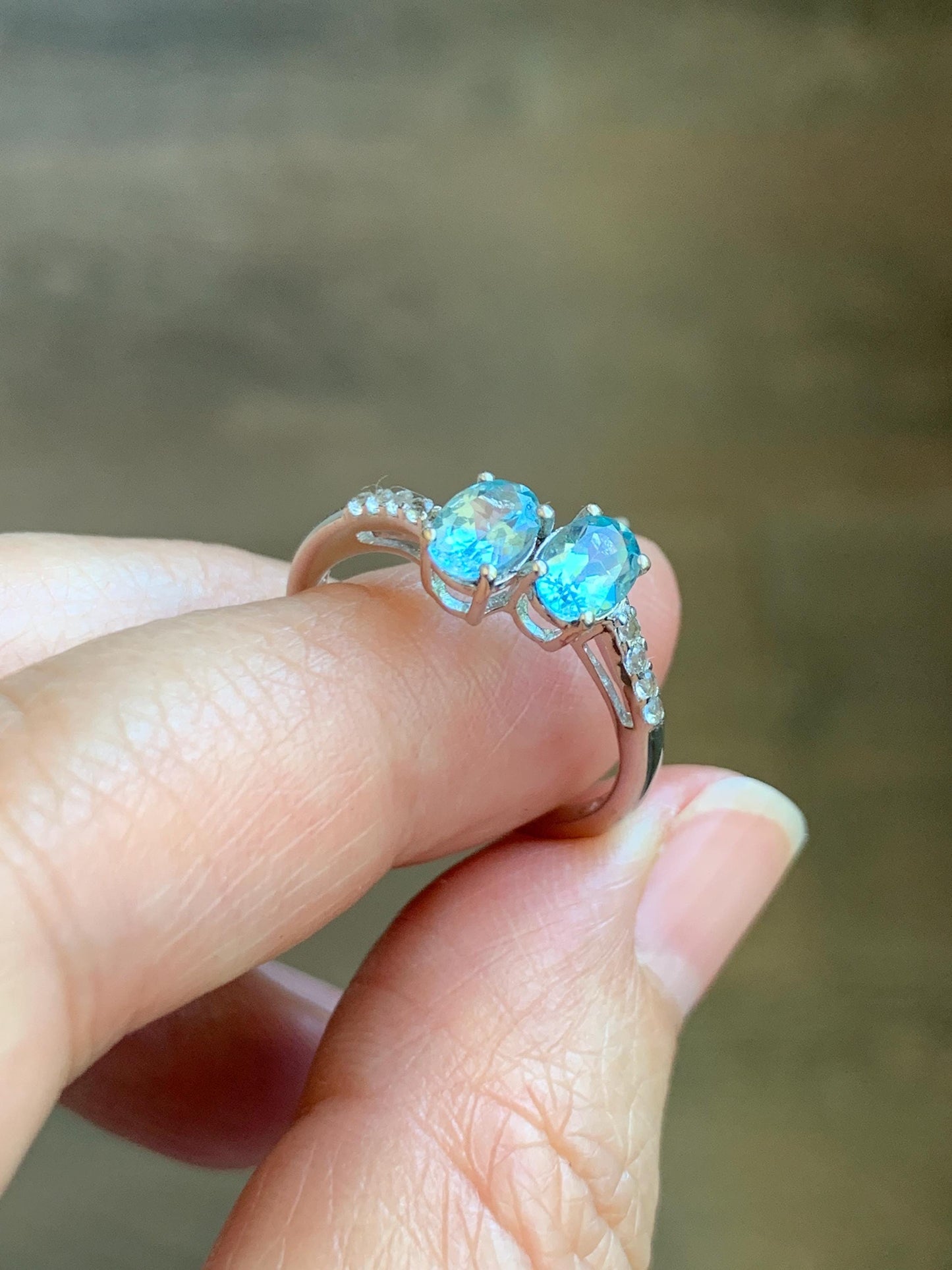 Natural Genuine Blue Apatite White Topaz Bypass Style Ring 925 Sterling Silver Size 7 US 2g 6x4mm Blue Apatite Ring 7783