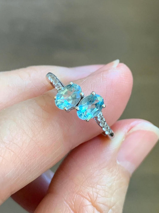 Natural Genuine Blue Apatite White Topaz Bypass Style Ring 925 Sterling Silver Size 7 US 2g 6x4mm Blue Apatite Ring 7783