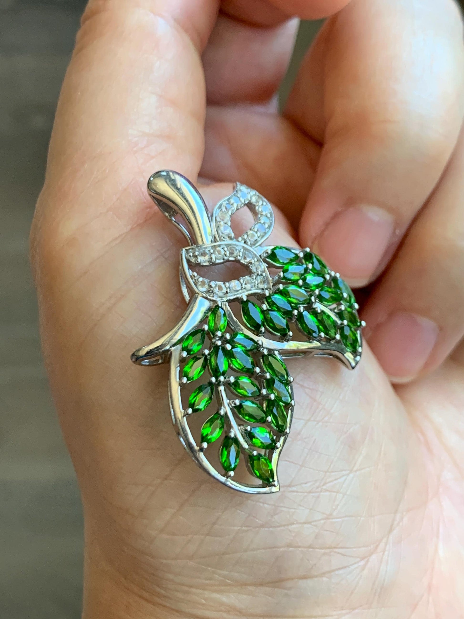 Large Natural Genuine Unheated Green Chrome Diopside Marquise Cut and Natural White Topaz Cluster Leaf Design Pendant Sterling Silver 6g