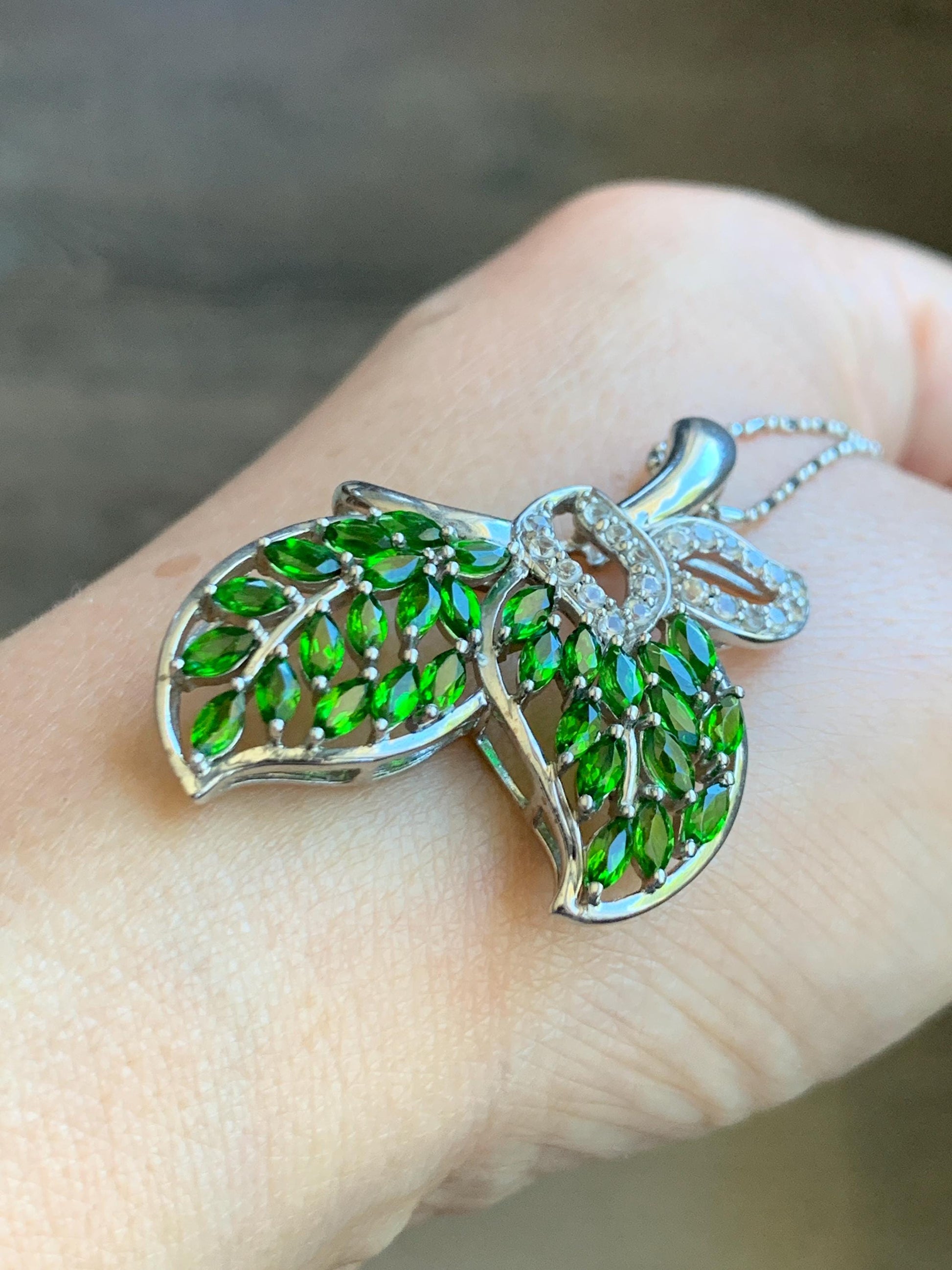 Large Natural Genuine Unheated Green Chrome Diopside Marquise Cut and Natural White Topaz Cluster Leaf Design Pendant Sterling Silver 6g
