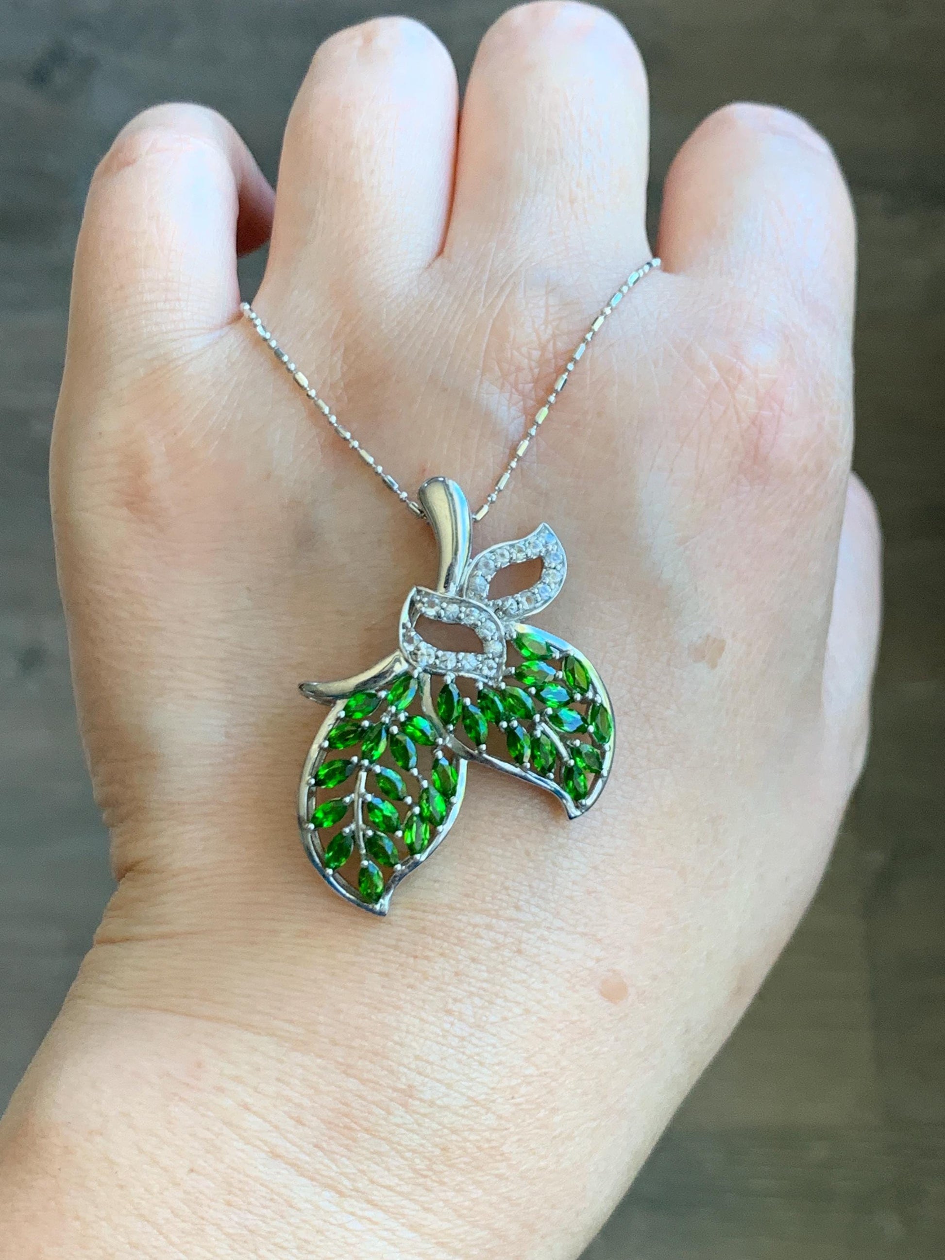 Large Natural Genuine Unheated Green Chrome Diopside Marquise Cut and Natural White Topaz Cluster Leaf Design Pendant Sterling Silver 6g