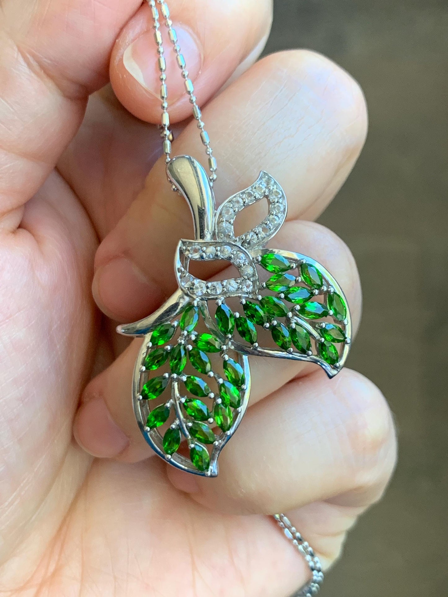 Large Natural Genuine Unheated Green Chrome Diopside Marquise Cut and Natural White Topaz Cluster Leaf Design Pendant Sterling Silver 6g