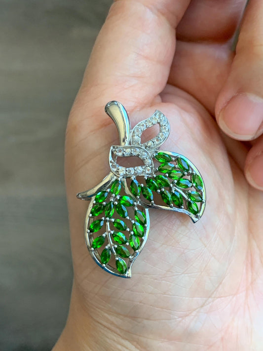 Large Natural Genuine Unheated Green Chrome Diopside Marquise Cut and Natural White Topaz Cluster Leaf Design Pendant Sterling Silver 6g