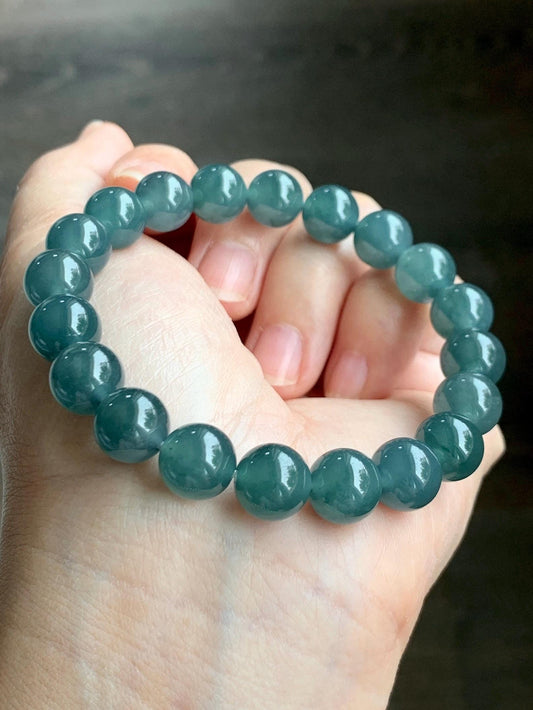 Natural Grade A Guatemalan Icy Translucent Dark Teal Blue Jade Jadeite Beaded Bracelet Stretchy 9.9mm 7.5” 34g 天然冰危深蓝翡翠圆珠手串 LZW330A