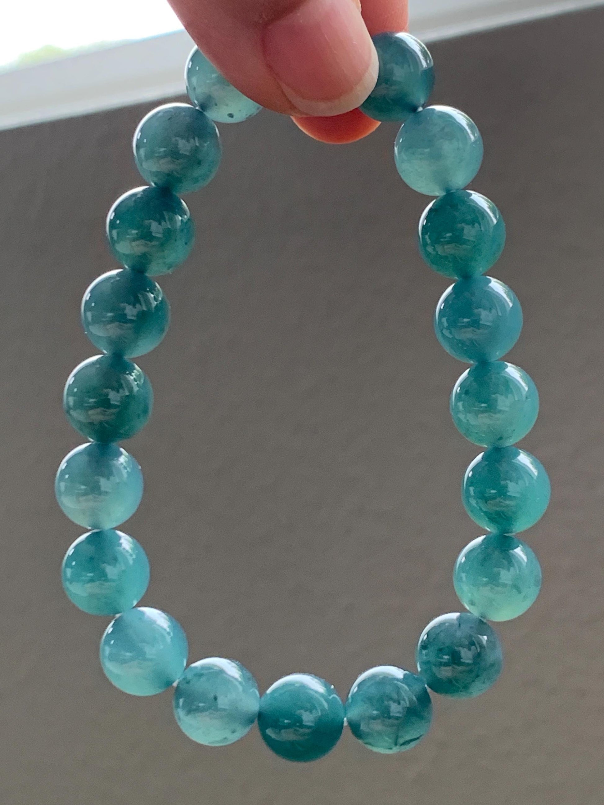 Natural Grade A Guatemalan Icy Translucent Dark Teal Blue Jade Jadeite Beaded Bracelet Stretchy 9.9mm 7.5” 34g 天然冰危深蓝翡翠圆珠手串 LZW330A
