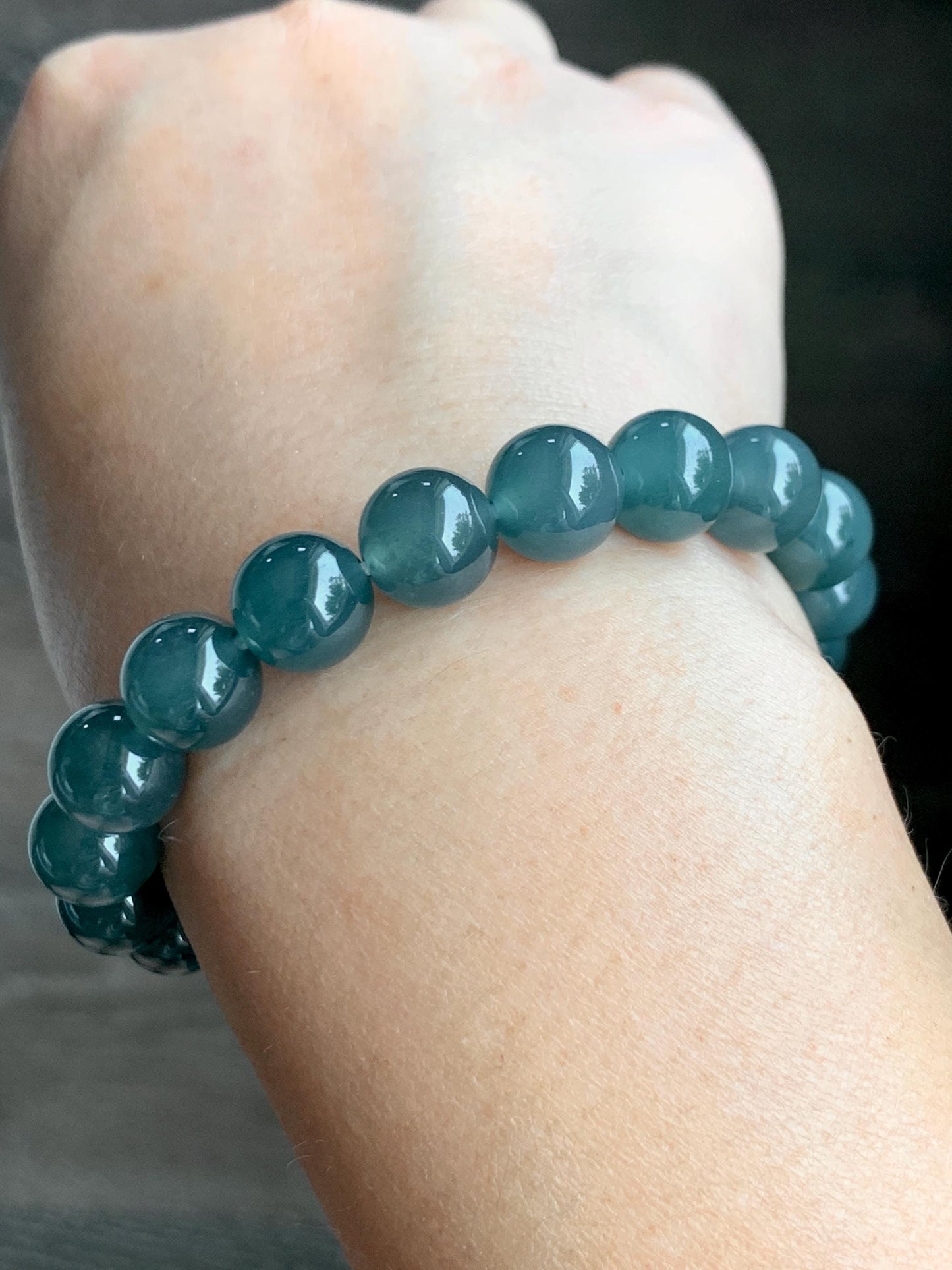 Natural Grade A Guatemalan Icy Translucent Dark Teal Blue Jade Jadeite Beaded Bracelet Stretchy 9.9mm 7.5” 34g 天然冰危深蓝翡翠圆珠手串 LZW330A