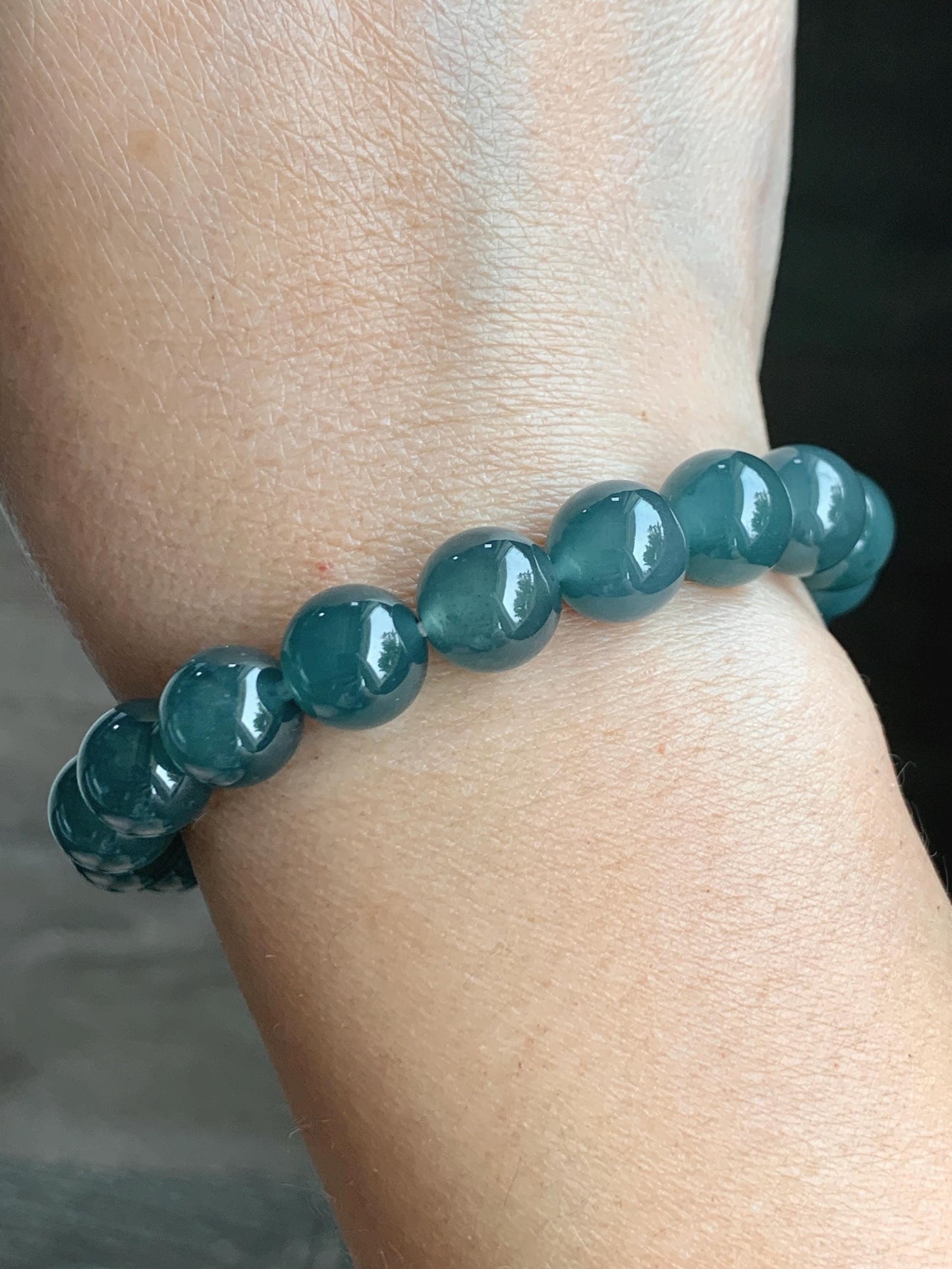 Natural Grade A Guatemalan Icy Translucent Dark Teal Blue Jade Jadeite Beaded Bracelet Stretchy 9.9mm 7.5” 34g 天然冰危深蓝翡翠圆珠手串 LZW330A