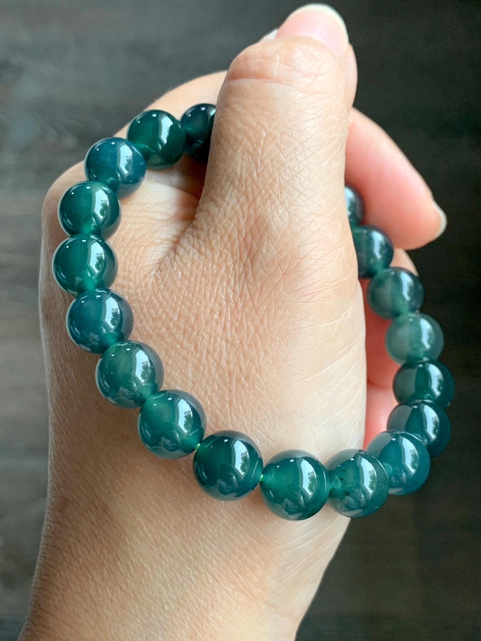 Natural Grade A Guatemalan Icy Translucent Dark Teal Green Jade Jadeite Beaded Bracelet Stretchy 9.9mm 7.5” 34g 天然冰危深蓝绿翡翠圆珠手串 LZW330B
