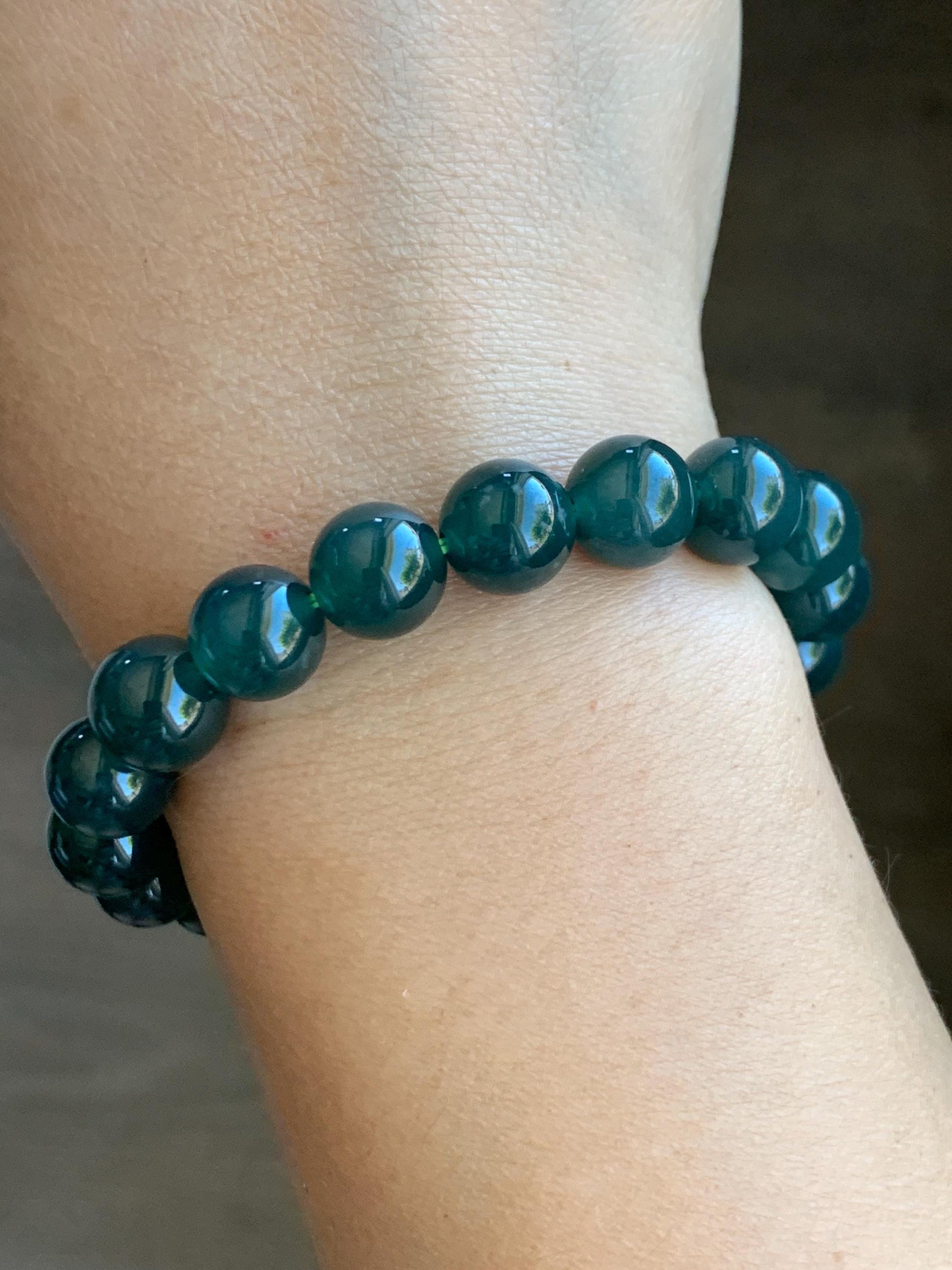 Natural Grade A Guatemalan Icy Translucent Dark Teal Blue Jade Jadeite Beaded Bracelet Stretchy 9.7mm 6.75” 30g 天然冰危深蓝绿翡翠圆珠手串 LWL330S