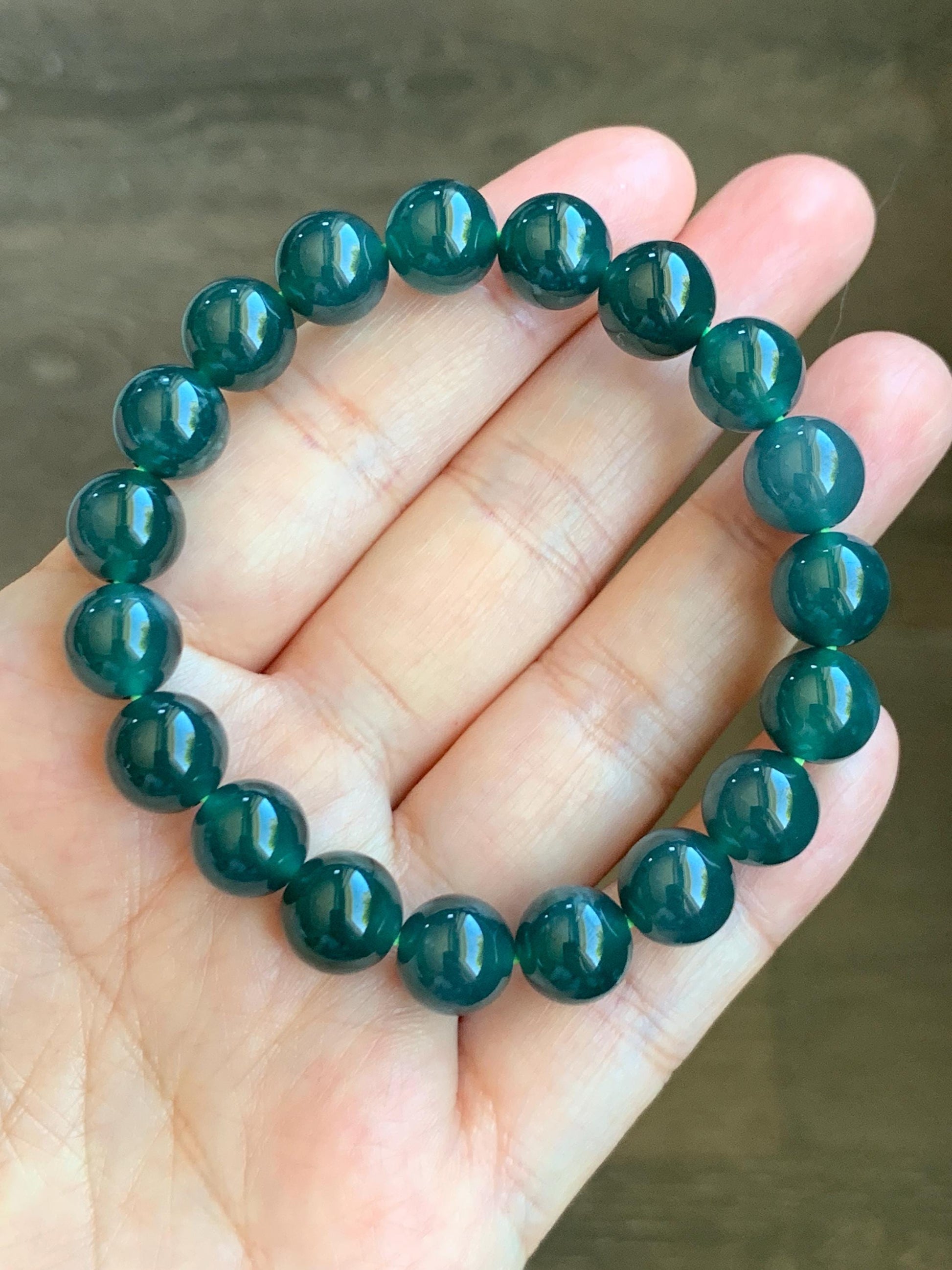 Natural Grade A Guatemalan Icy Translucent Dark Teal Blue Jade Jadeite Beaded Bracelet Stretchy 9.7mm 6.75” 30g 天然冰危深蓝绿翡翠圆珠手串 LWL330S