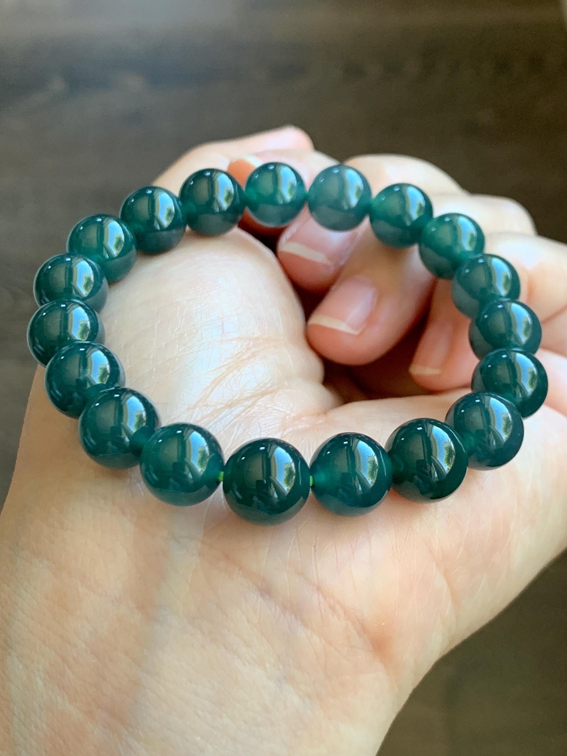 Natural Grade A Guatemalan Icy Translucent Dark Teal Blue Jade Jadeite Beaded Bracelet Stretchy 9.7mm 6.75” 30g 天然冰危深蓝绿翡翠圆珠手串 LWL330S