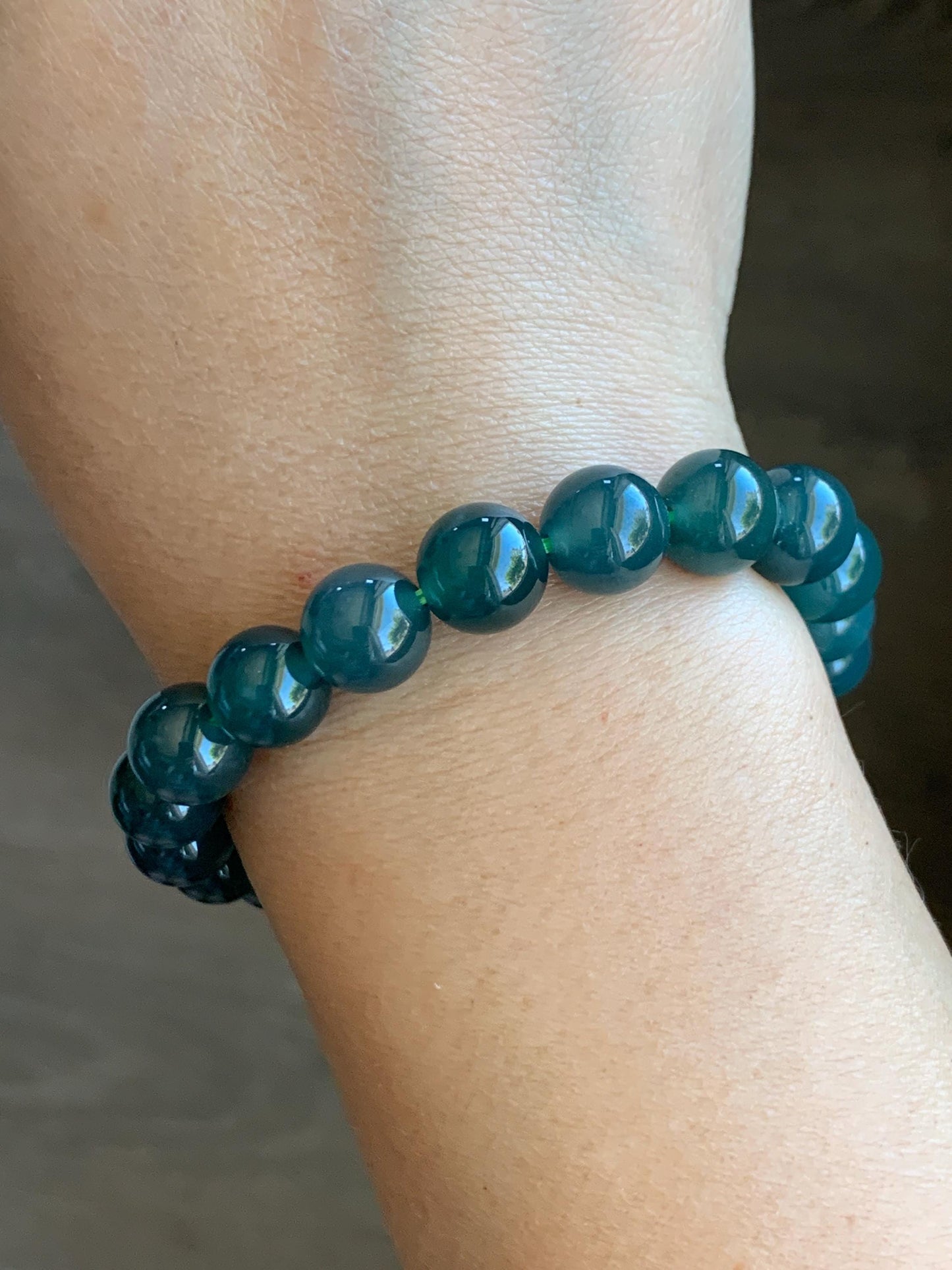 Natural Grade A Guatemalan Icy Translucent Dark Teal Blue Jade Jadeite Beaded Bracelet Stretchy 9.7mm 7.25” 34g 天然冰危深蓝绿翡翠圆珠手串 LWL330C
