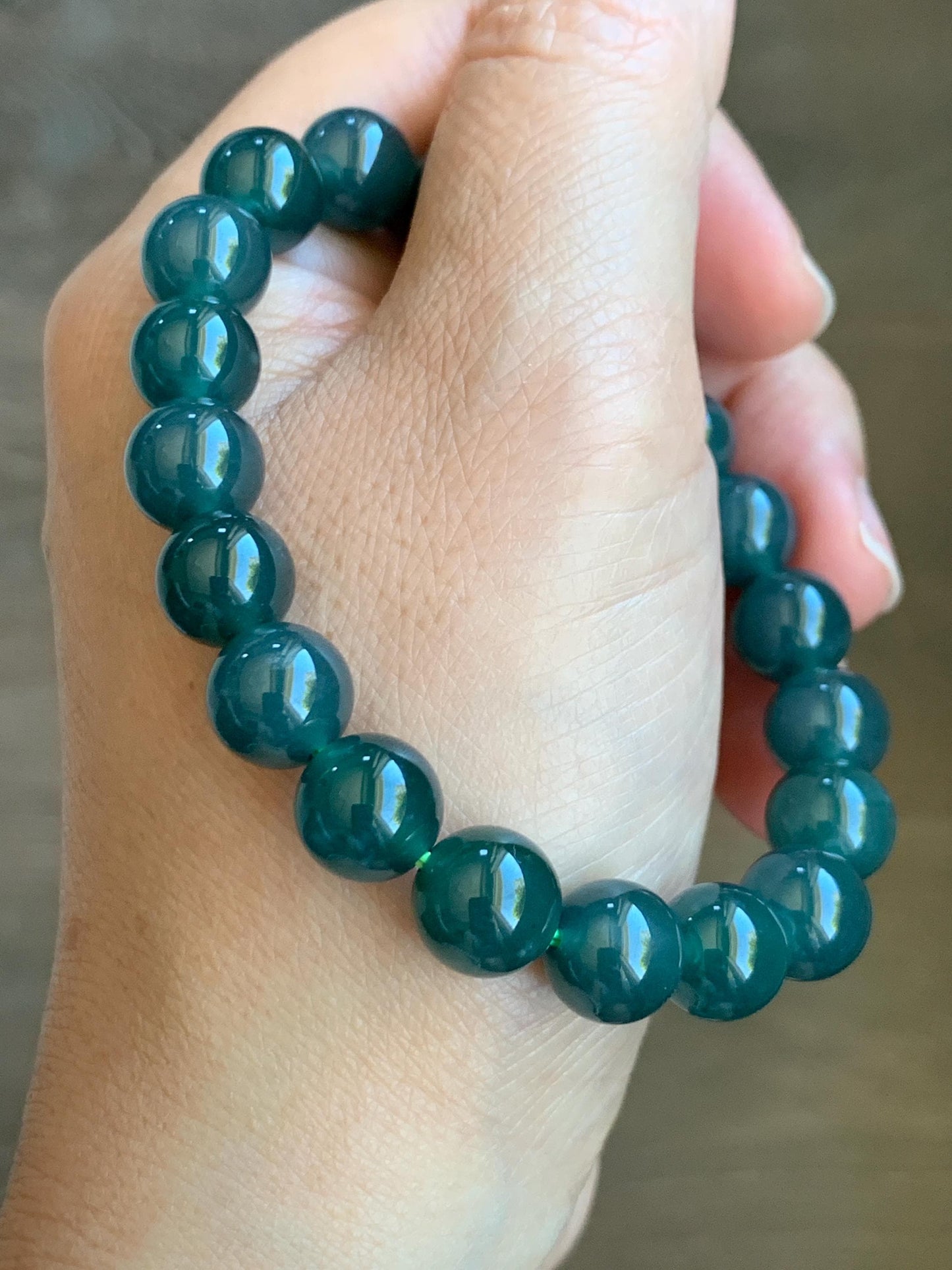 Natural Grade A Guatemalan Icy Translucent Dark Teal Blue Jade Jadeite Beaded Bracelet Stretchy 9.7mm 7.25” 34g 天然冰危深蓝绿翡翠圆珠手串 LWL330C