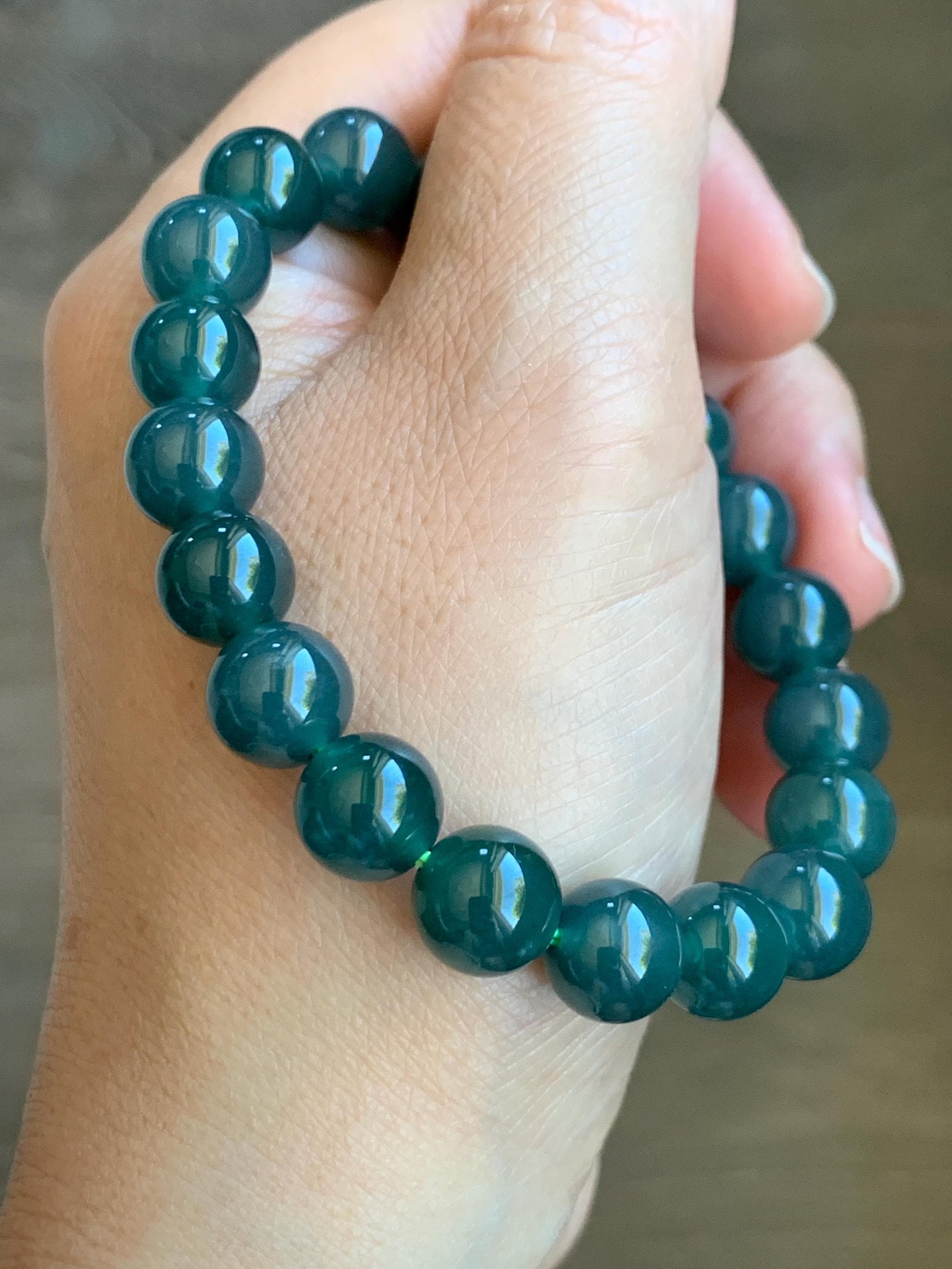 Natural Grade A Guatemalan Icy Translucent Dark Teal Blue Jade Jadeite Beaded Bracelet Stretchy 9.7mm 7.25” 34g 天然冰危深蓝绿翡翠圆珠手串 LWL330C
