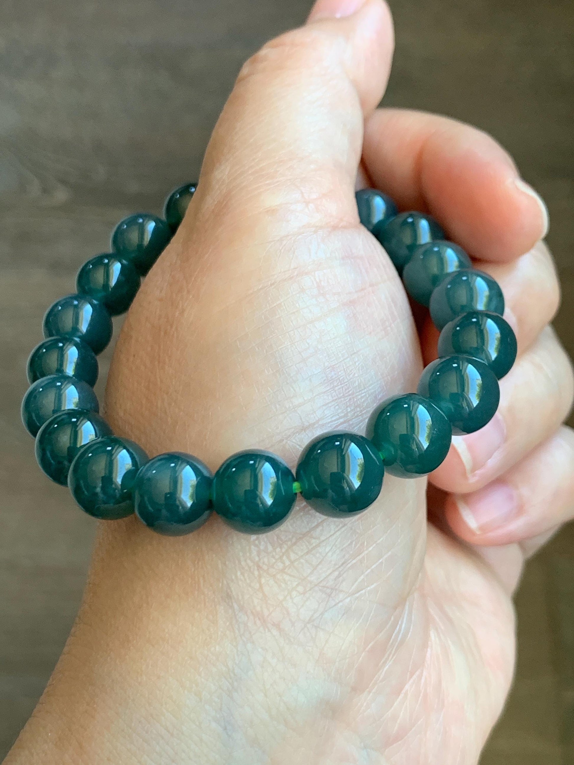 Natural Grade A Guatemalan Icy Translucent Dark Teal Blue Jade Jadeite Beaded Bracelet Stretchy 9.7mm 7.25” 34g 天然冰危深蓝绿翡翠圆珠手串 LWL330C