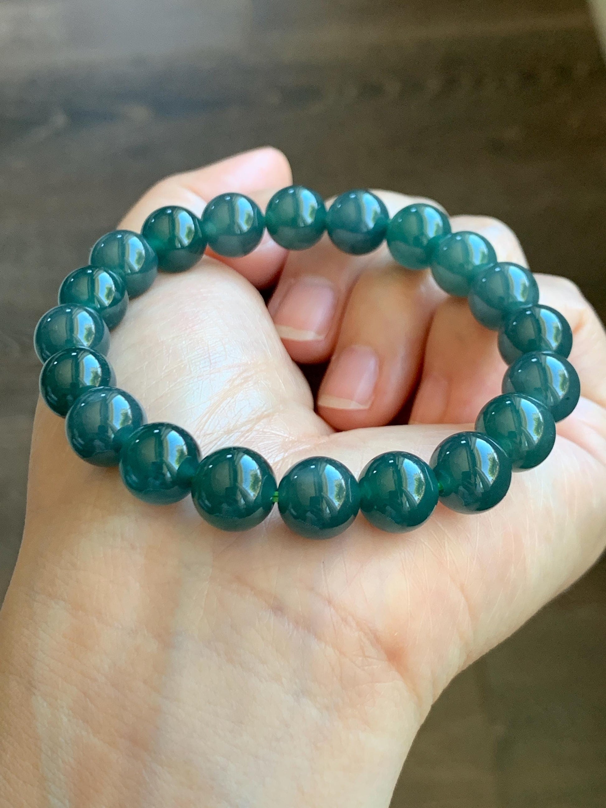 Natural Grade A Guatemalan Icy Translucent Dark Teal Blue Jade Jadeite Beaded Bracelet Stretchy 9.7mm 7.25” 34g 天然冰危深蓝绿翡翠圆珠手串 LWL330C