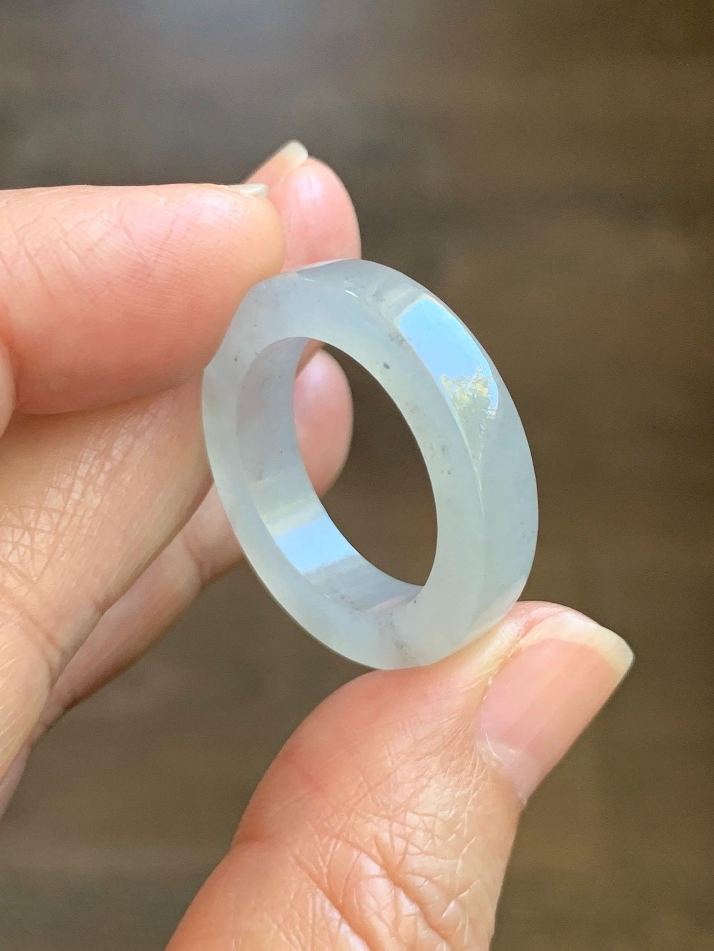 Natural Grade A Icy Translucent Gelatinous Light Wuji Marbled Jade Jadeite Square Edged Band Ring Size 10.25 US 6g 天然冰胶淡乌鸡翡翠方条戒圈 MWJ-C
