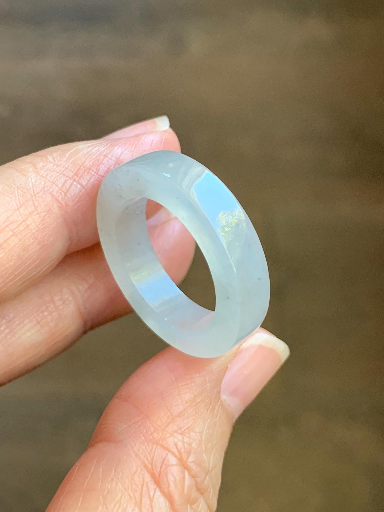 Natural Grade A Icy Translucent Gelatinous Light Wuji Marbled Jade Jadeite Square Edged Band Ring Size 9 US 6g 天然冰胶淡乌鸡翡翠方条戒圈 MWJ-B