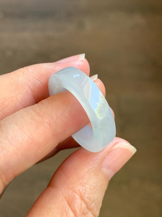 Natural Grade A Icy Translucent Gelatinous Light Wuji Marbled Jade Jadeite Square Edged Band Ring Size 9 US 6g 天然冰胶淡乌鸡翡翠方条戒圈 MWJ-B