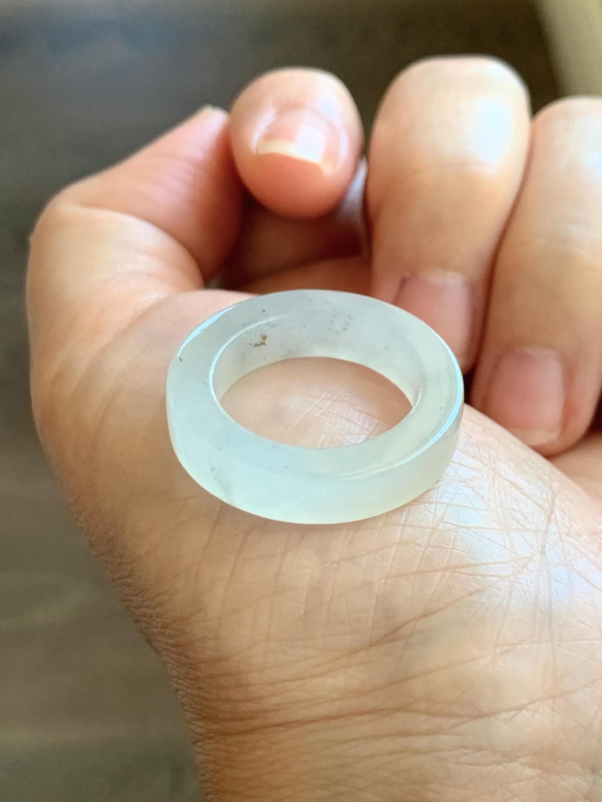 Natural Grade A Icy Translucent Gelatinous Light Wuji Marbled Jade Jadeite Square Edged Band Ring Size 9 US 6g 天然冰胶淡乌鸡翡翠方条戒圈 MWJ-B
