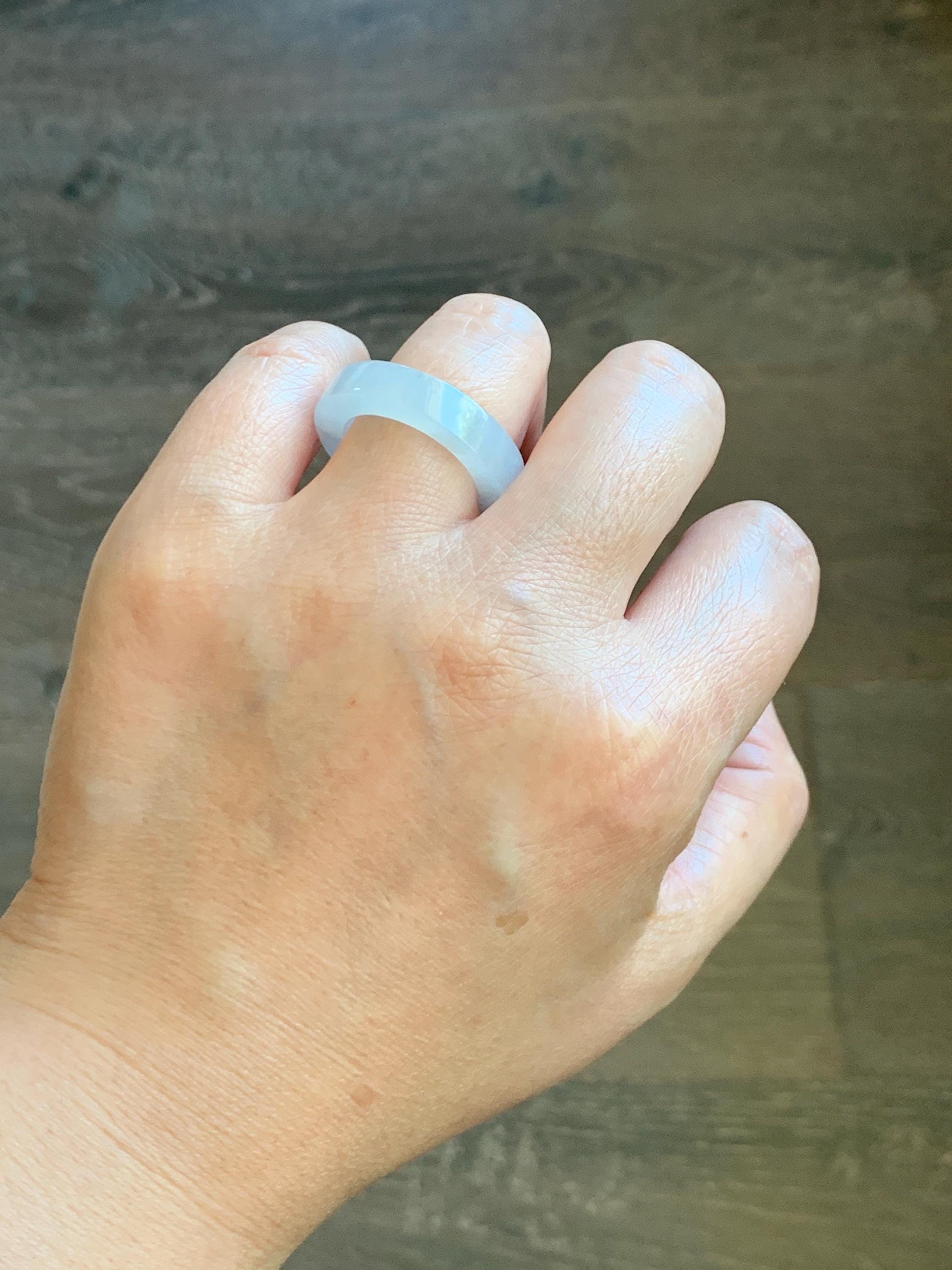 Natural Grade A Icy Translucent Gelatinous Light Wuji Marbled Jade Jadeite Square Edged Band Ring Size 9 US 6g 天然冰胶淡乌鸡翡翠方条戒圈 MWJ-B