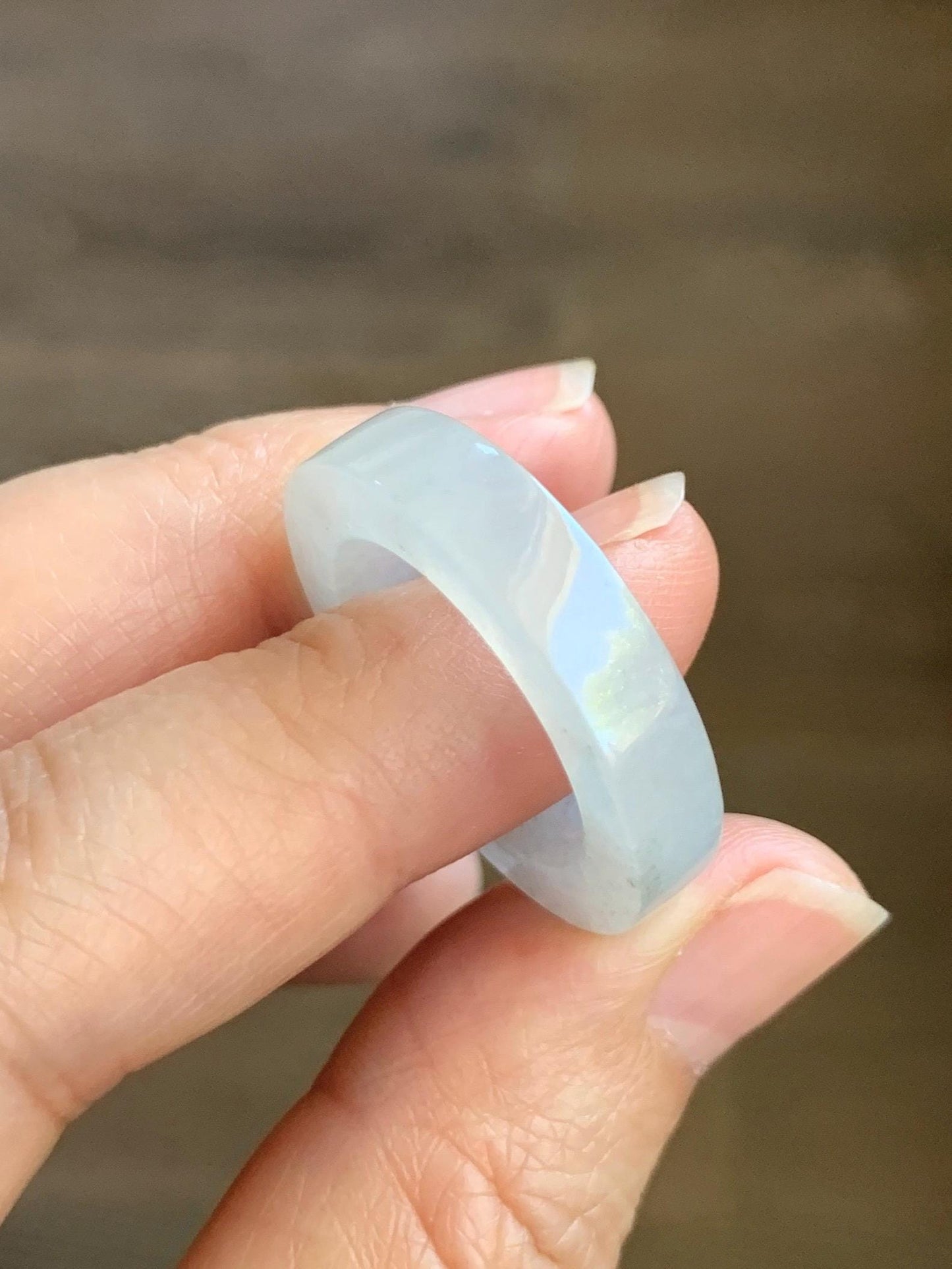 Natural Grade A Icy Translucent Gelatinous Light Wuji Marbled Jade Jadeite Square Edged Band Ring Size 9.5 US 6g 天然冰胶淡乌鸡翡翠方条戒圈 MWJ-A