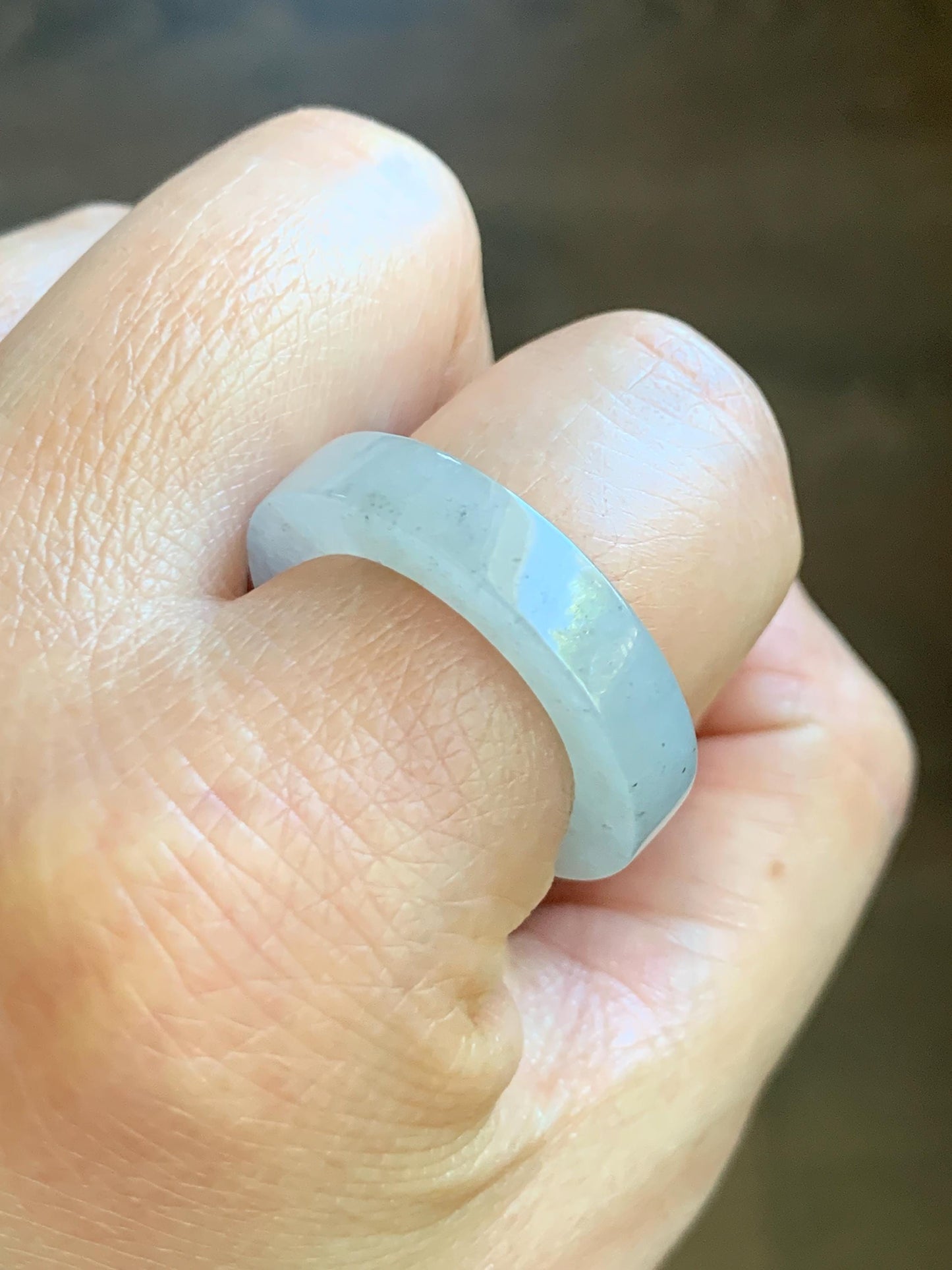 Natural Grade A Icy Translucent Gelatinous Light Wuji Marbled Jade Jadeite Square Edged Band Ring Size 9.5 US 6g 天然冰胶淡乌鸡翡翠方条戒圈 MWJ-A